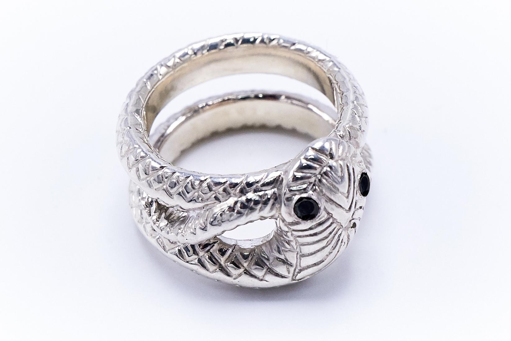 Contemporary Black Diamond Silver Snake Ring Statement J Dauphin For Sale