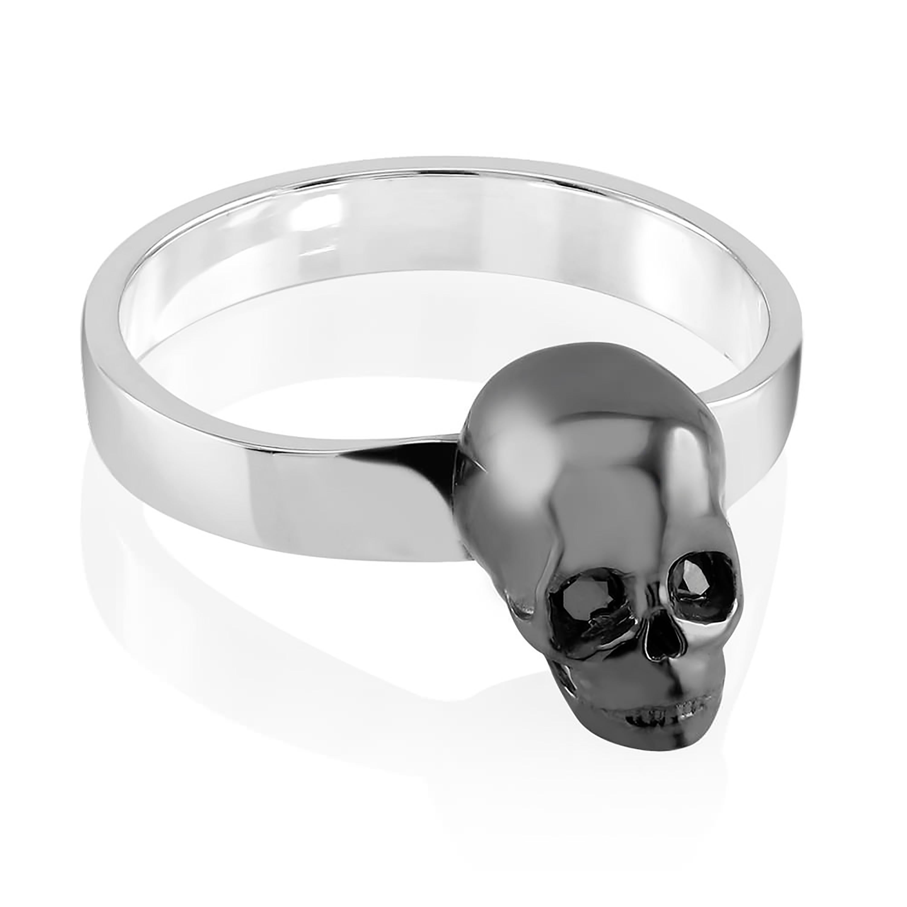 Modern Black Diamond Skull Solitaire Silver Ring Black Rhodium-Plated