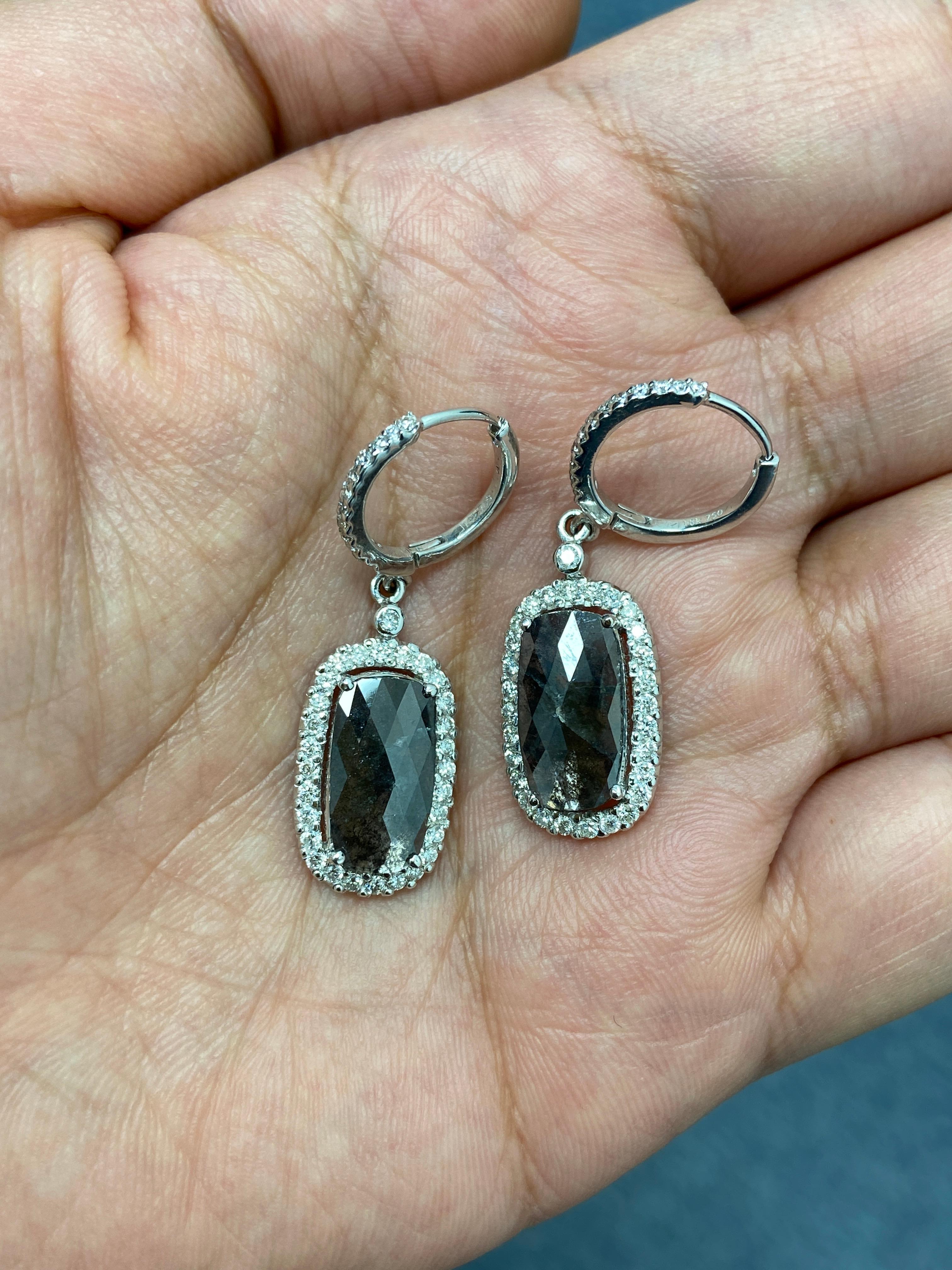 Rose Cut Black Diamond Slice and White Diamond Earrings For Sale