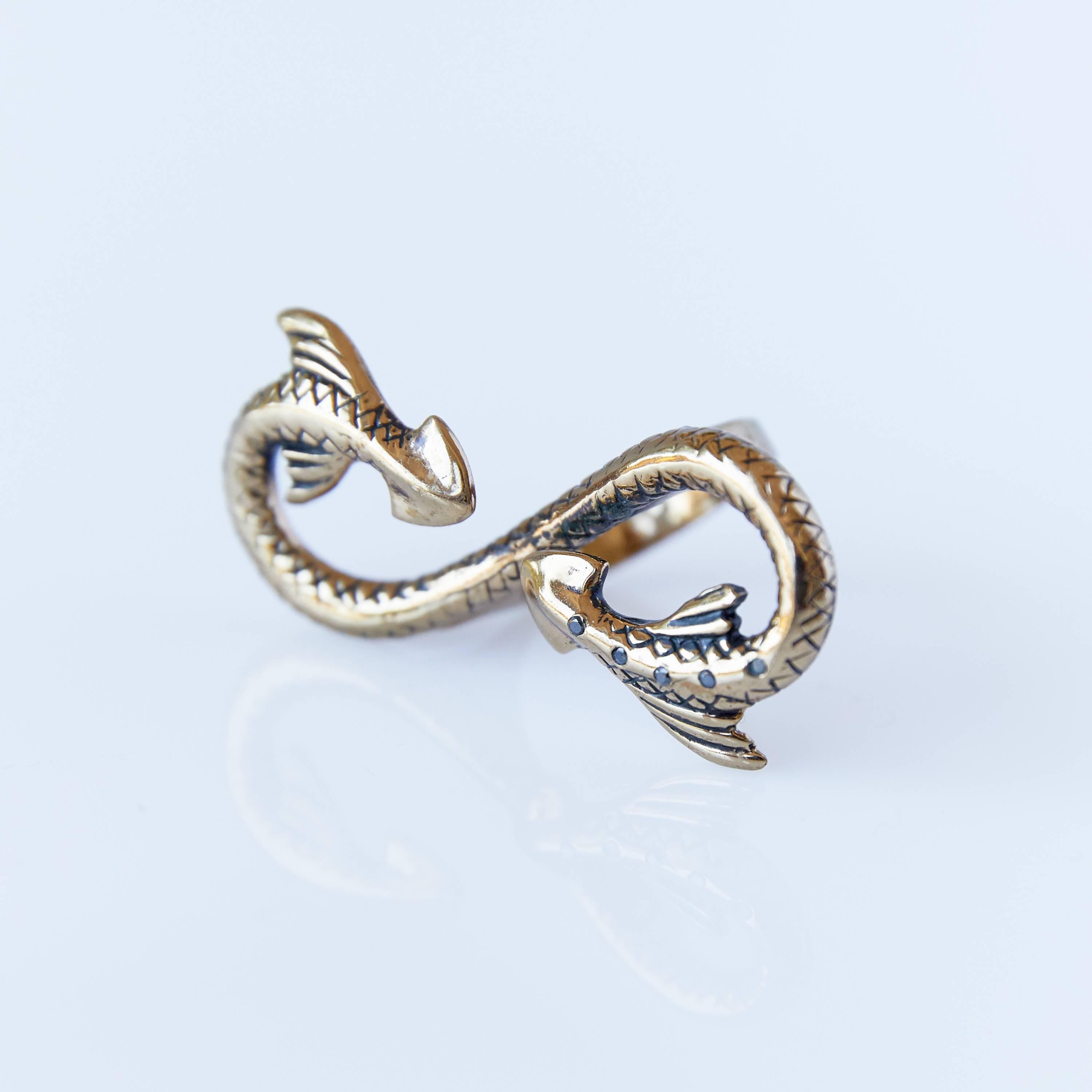 Schwarzer Diamant Schlangenring Servierschalen Cocktail-Ring Bronze Tier J Dauphin (Art nouveau) im Angebot