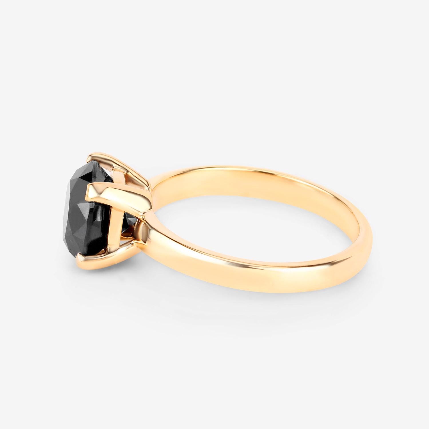 Black Diamond Solitaire Ring 3 Carat 14K Yellow Gold In Excellent Condition For Sale In Aliso Viejo, CA