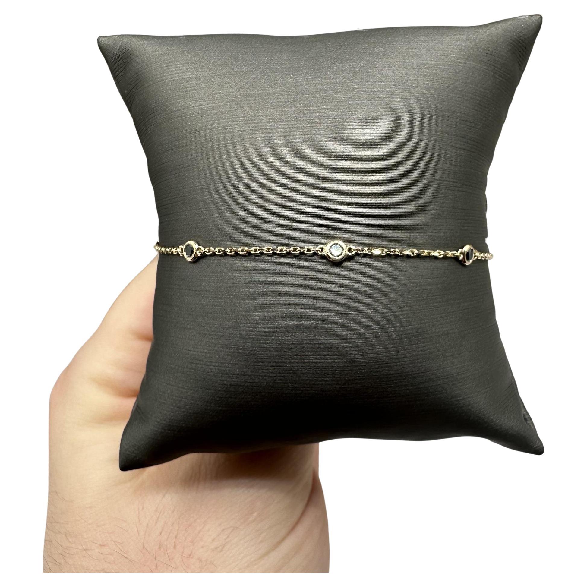 Bracelet Station en or jaune 14kt avec diamant noir - 0.25ctw, 7in, New