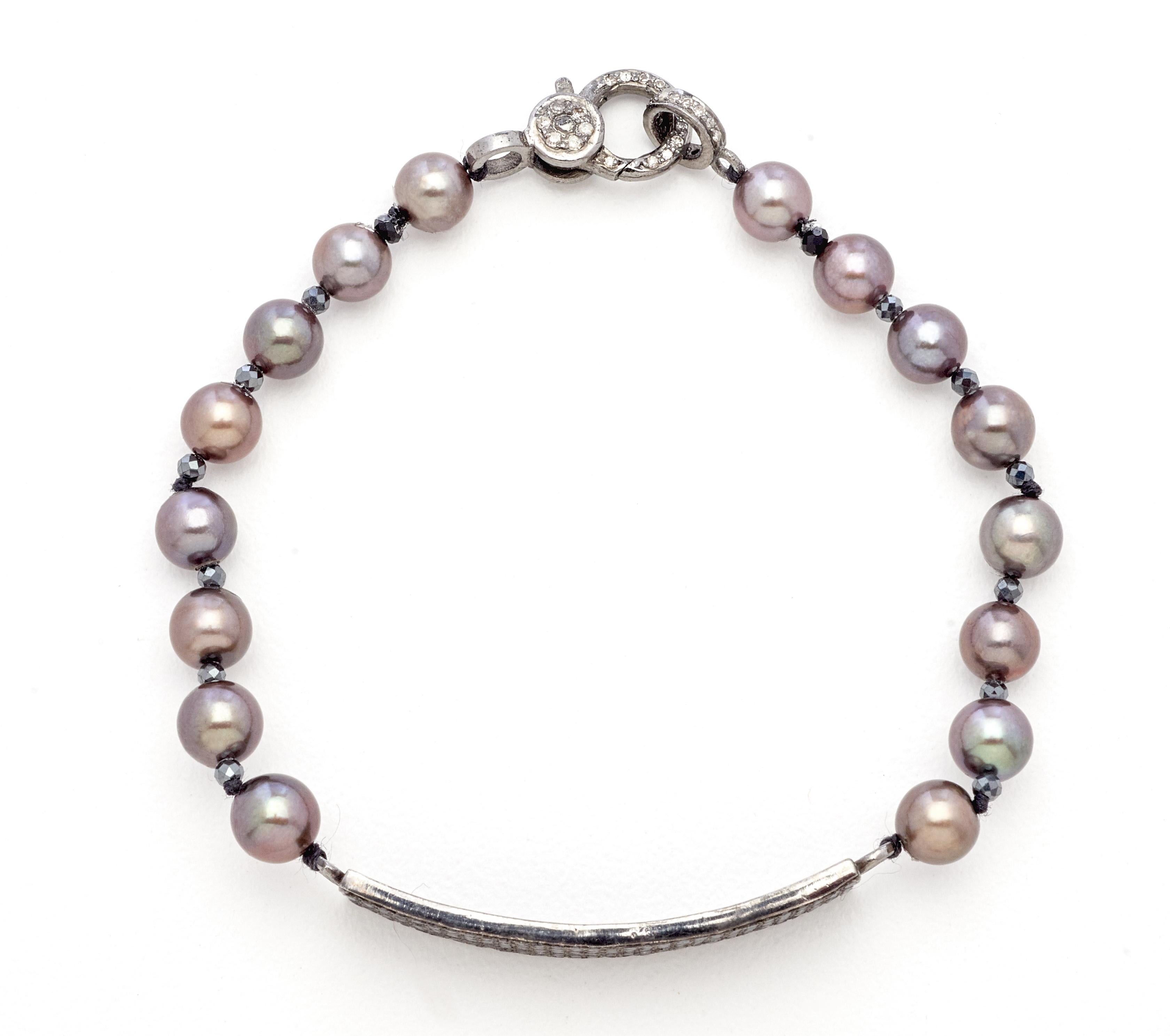 Women's Black Spinel Pearl Silver Artisan Crafted Bracelet For Sale