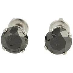 Black Diamond Stud Earrings, 14 Karat Gold Pierced Screw-On Backs 4.14 Carat