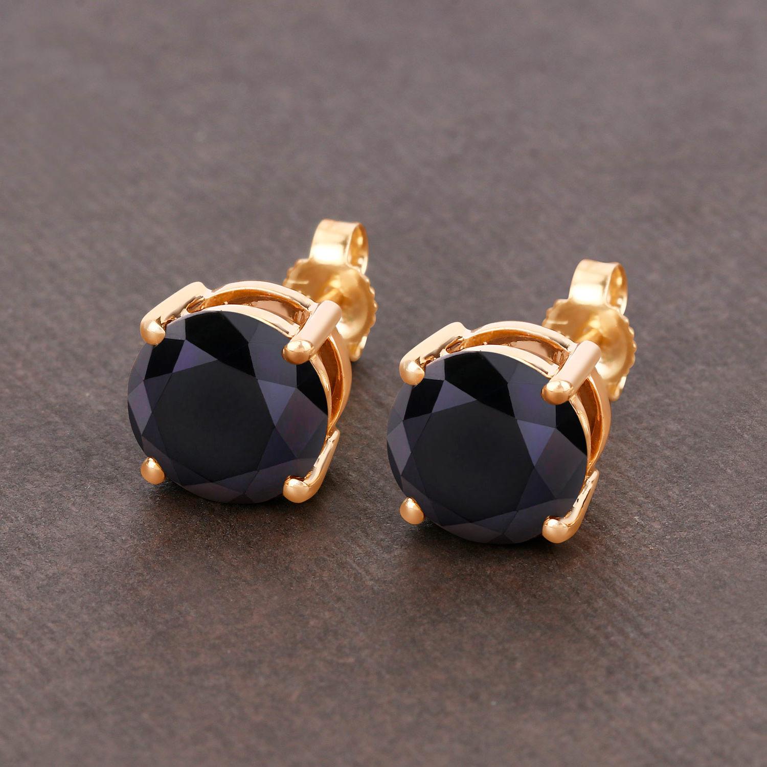 Round Cut Black Diamond Stud Earrings 5.41 Carats 14K Yellow Gold For Sale