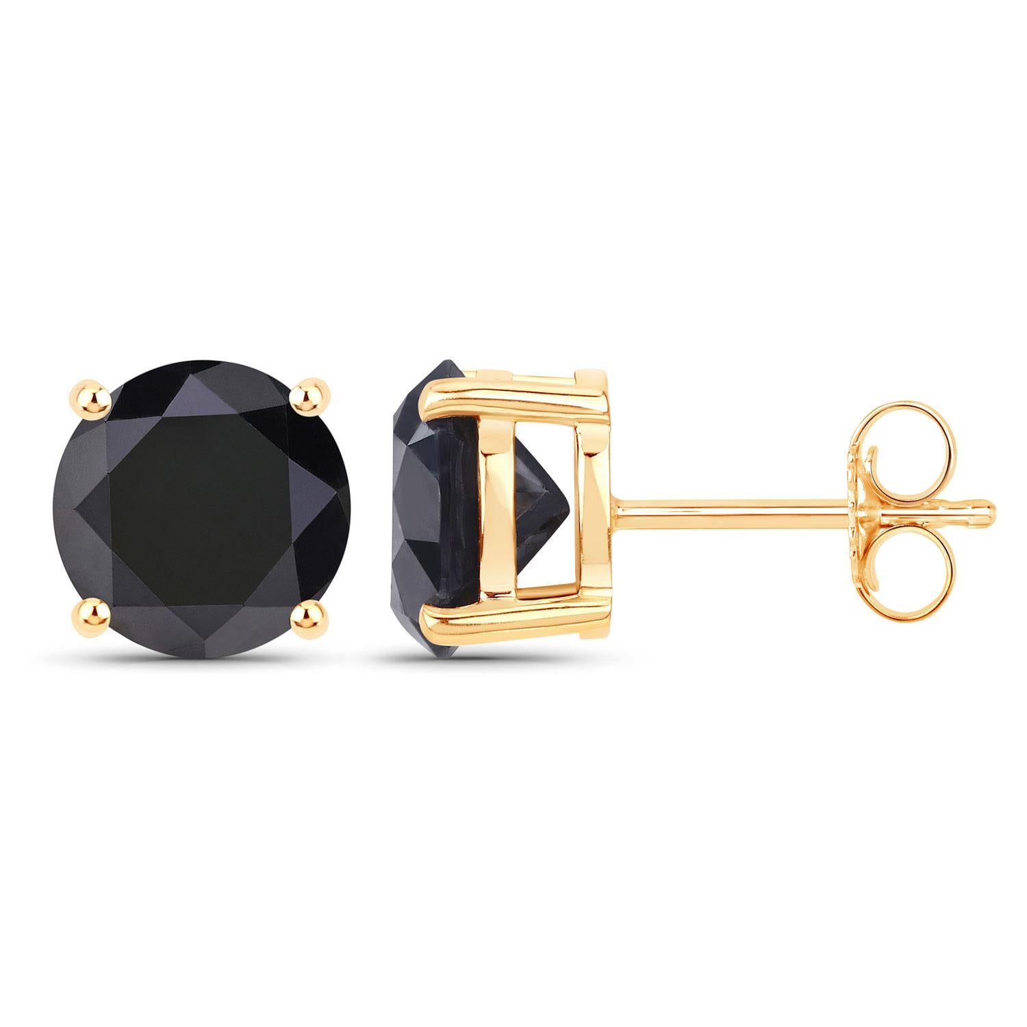 Round Cut Black Diamond Stud Earrings 5.41 Carats 14K Yellow Gold For Sale