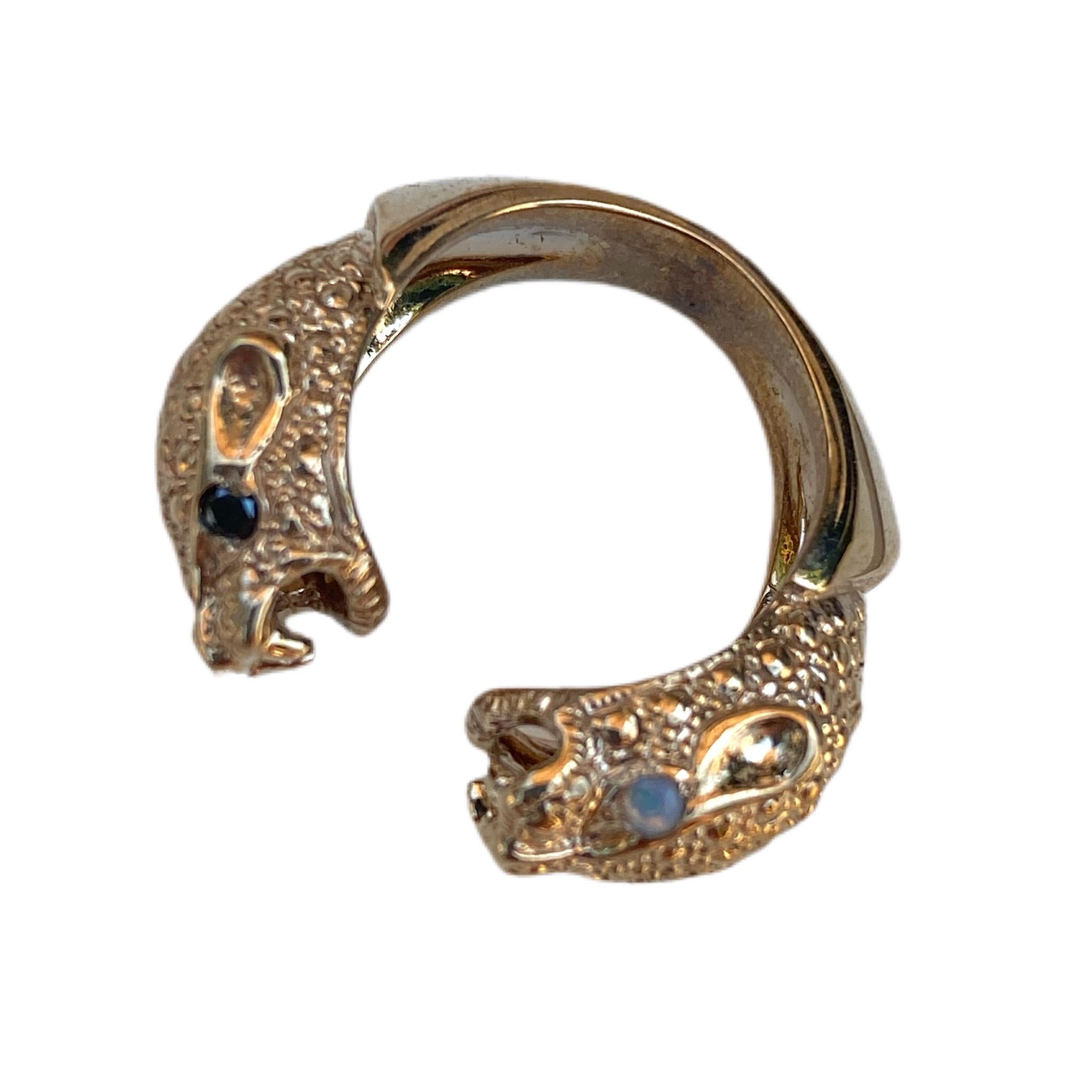 Brilliant Cut Black Diamond Tanzanite Opal Jaguar Ring Gold Vermeil Animal Resizable J Dauphin For Sale