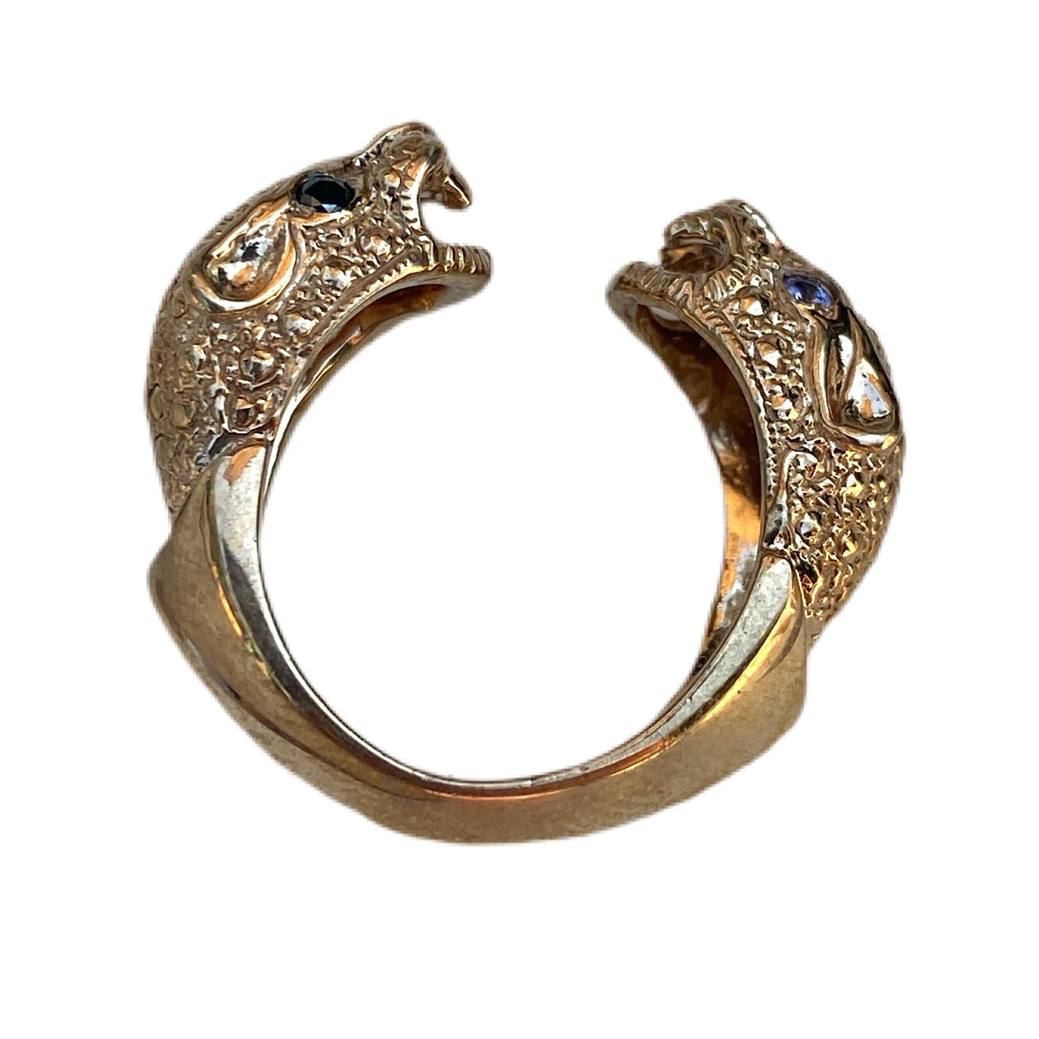 Brilliant Cut Black Diamond Tanzanite Opal Jaguar Ring Gold Vermeil Animal Resizable J Dauphin For Sale