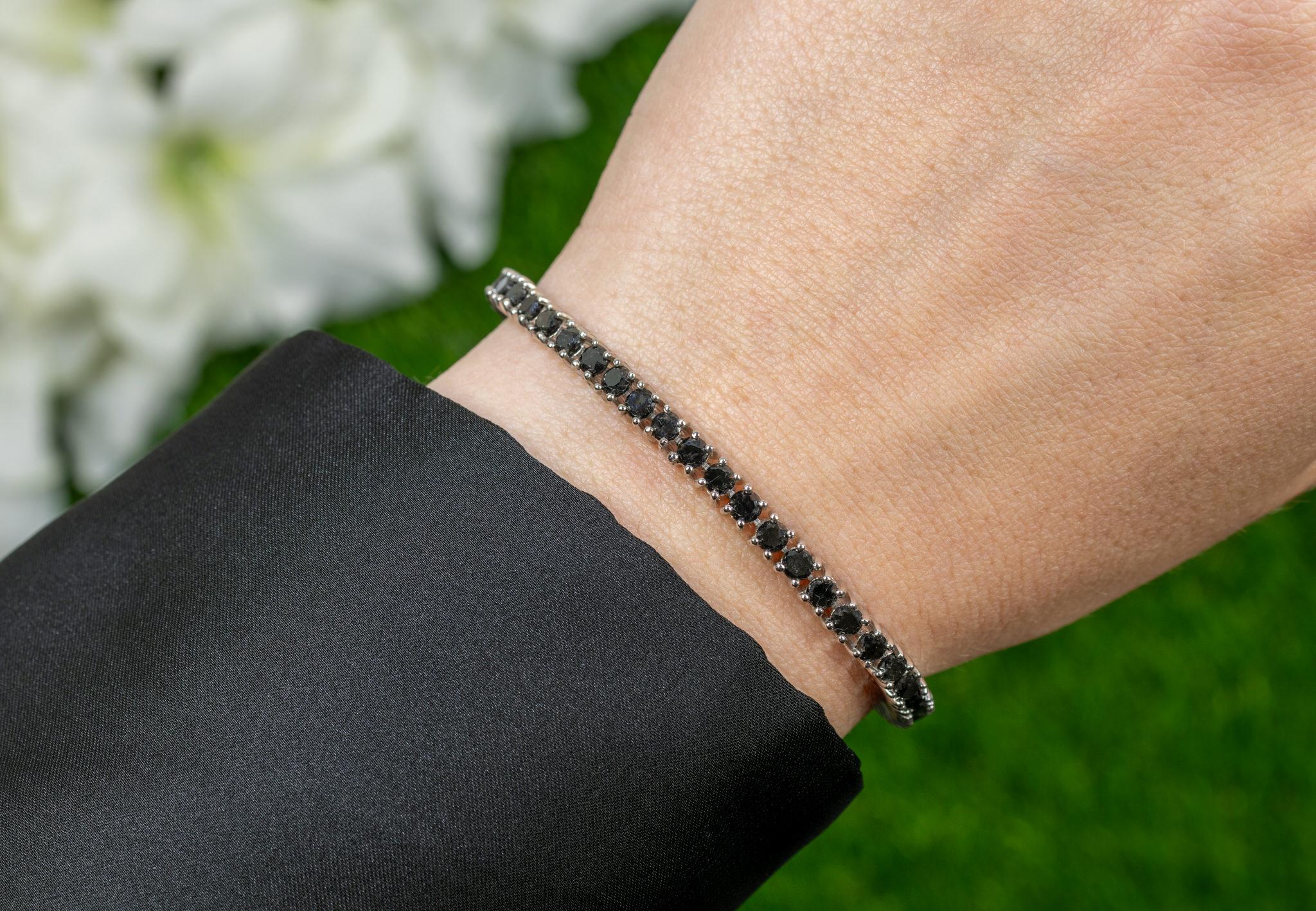 Contemporary Black Diamond Tennis Bracelet 5.40 Carats 18K White Gold Plated Sterling Silver For Sale
