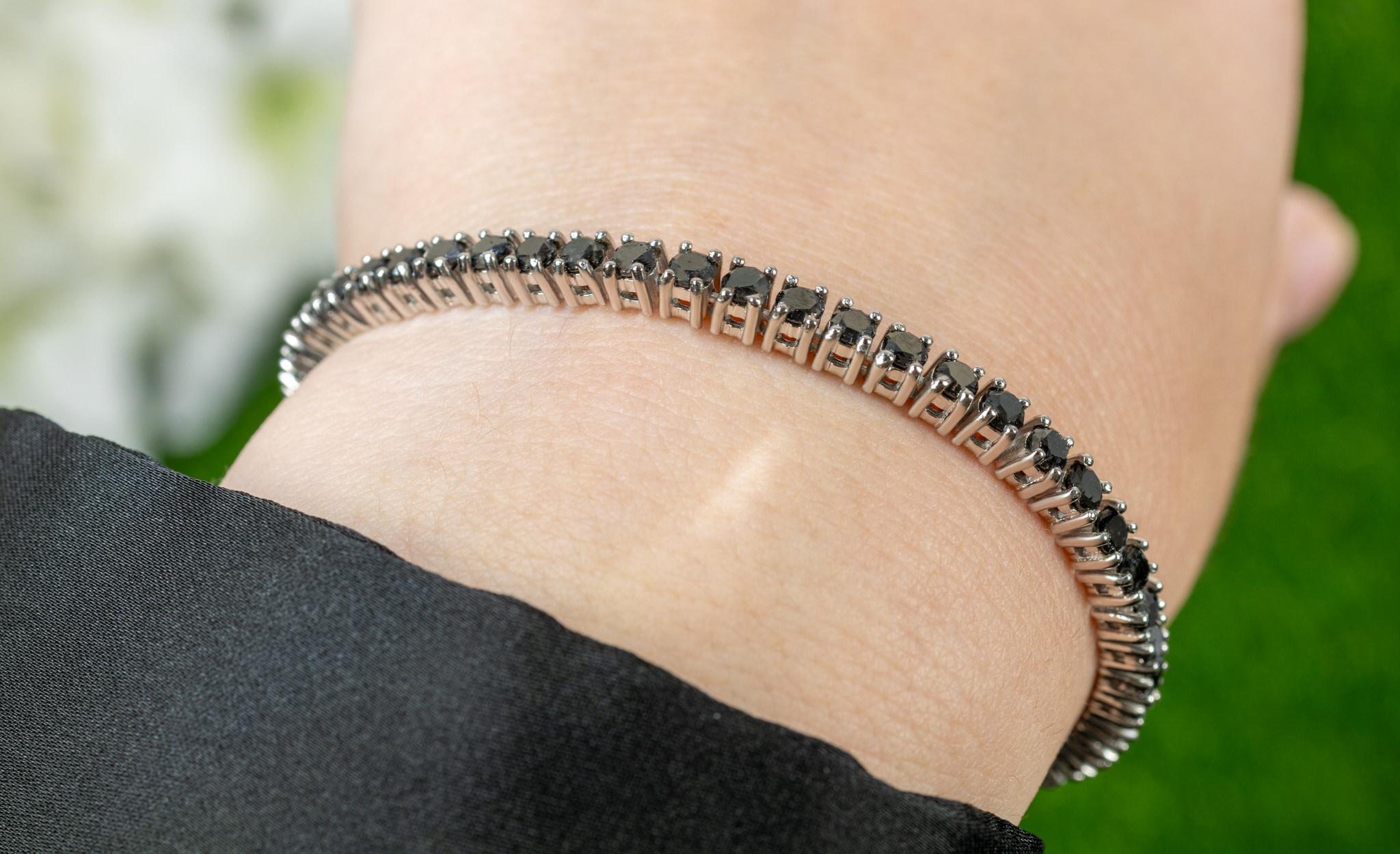 Women's or Men's Black Diamond Tennis Bracelet 5.40 Carats 18K White Gold Plated Sterling Silver For Sale