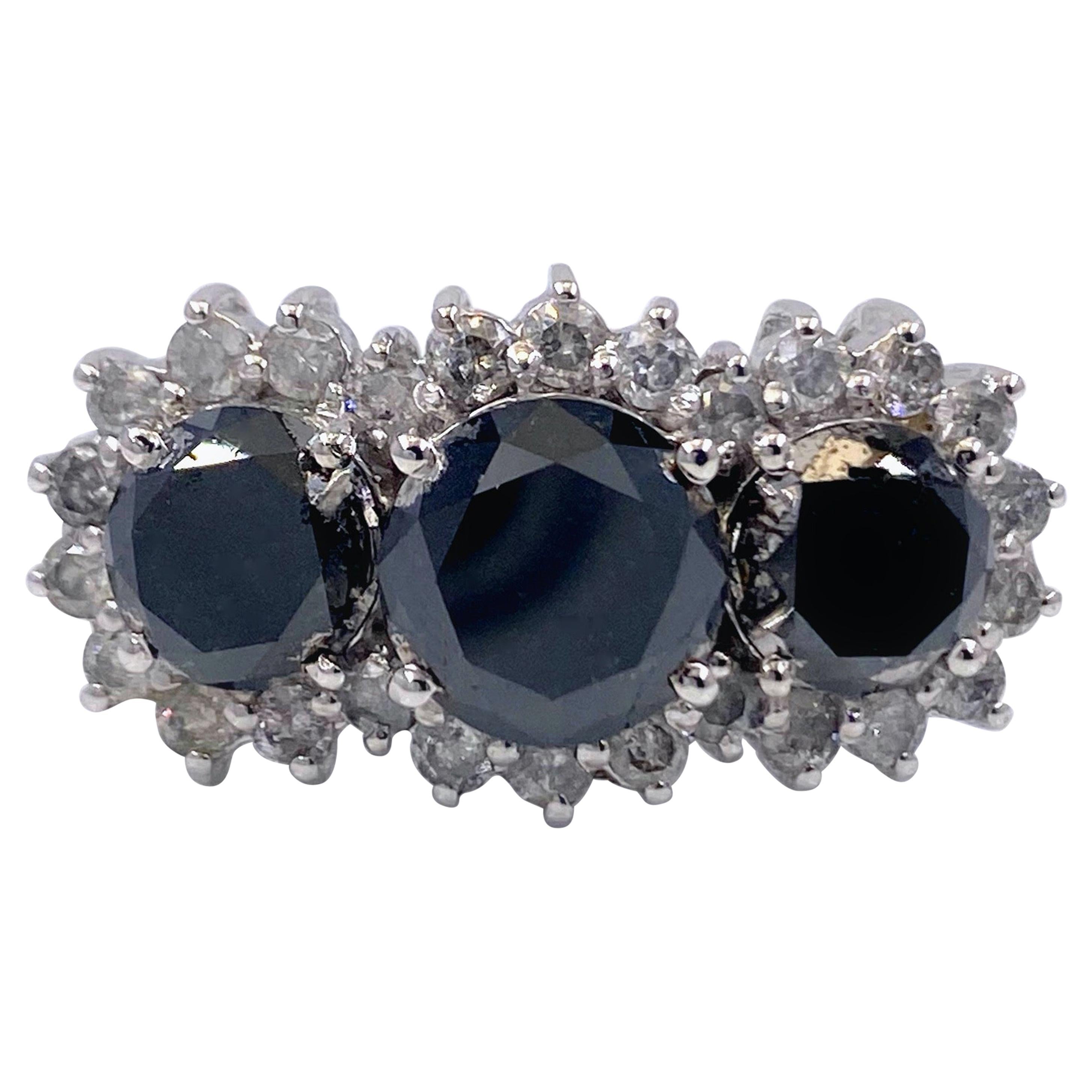 Black Diamond Three-Stone Engagement Ring 5.65 Carat in 14 Karat White Gold