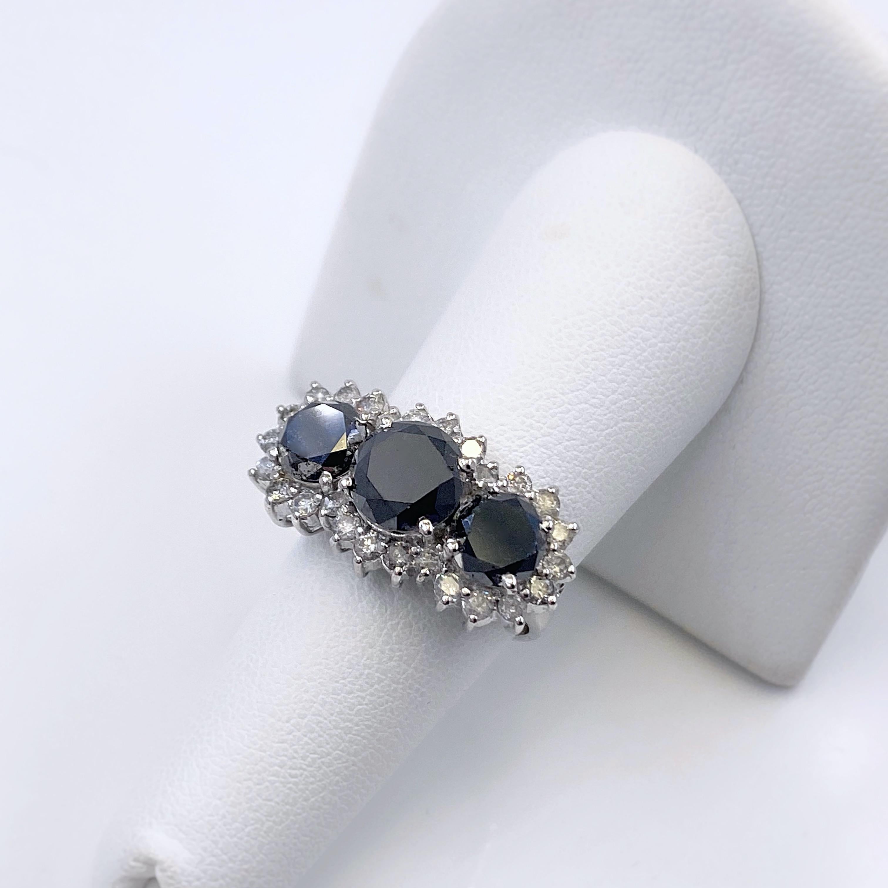 Black Diamond Three-Stone Engagement Ring 5.65 Carat in 14 Karat White Gold 5