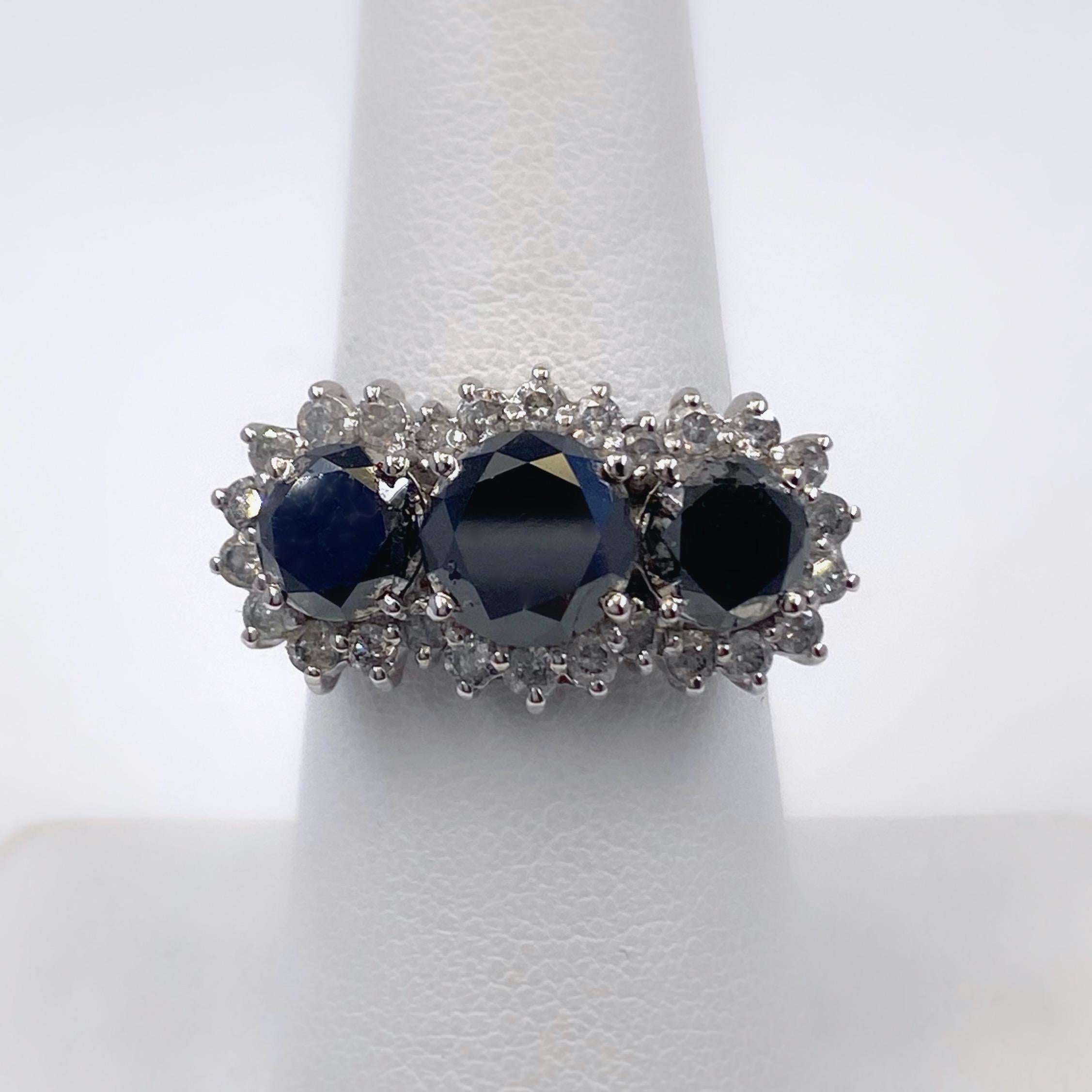 Black Diamond Three-Stone Engagement Ring 5.65 Carat in 14 Karat White Gold 6