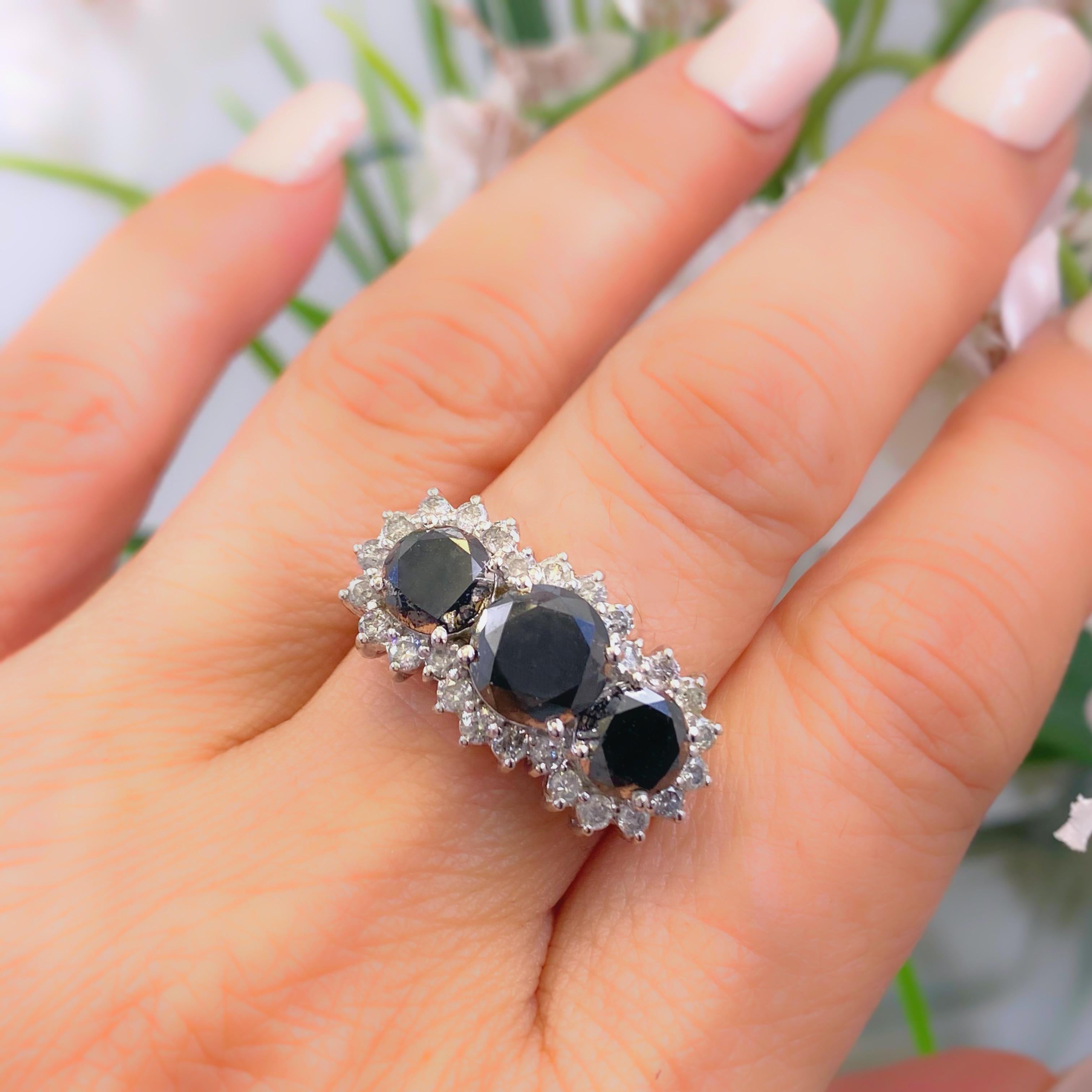 Black Diamond Three-Stone Engagement Ring 5.65 Carat in 14 Karat White Gold In Excellent Condition In San Diego, CA