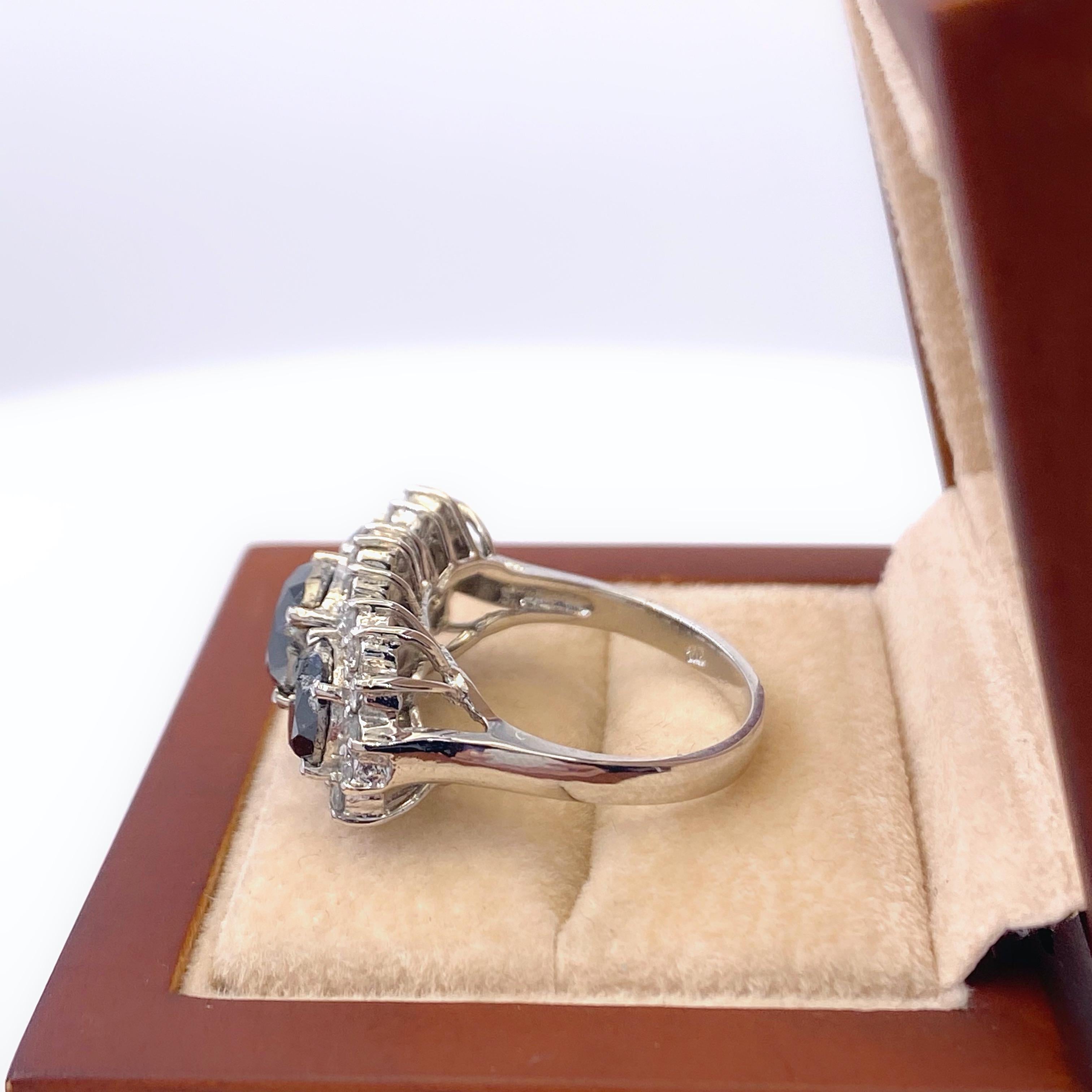 Women's or Men's Black Diamond Three-Stone Engagement Ring 5.65 Carat in 14 Karat White Gold