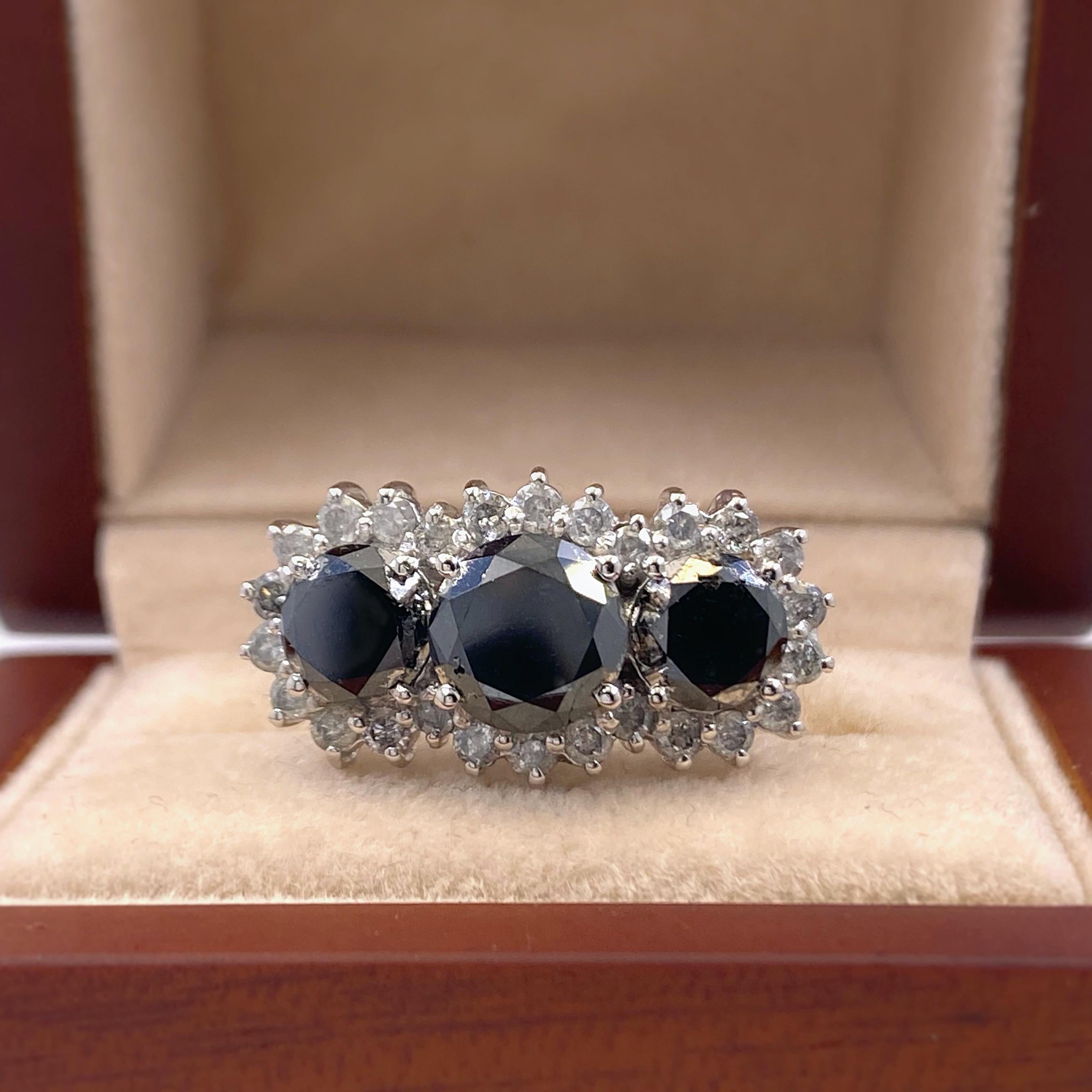 Black Diamond Three-Stone Engagement Ring 5.65 Carat in 14 Karat White Gold 4