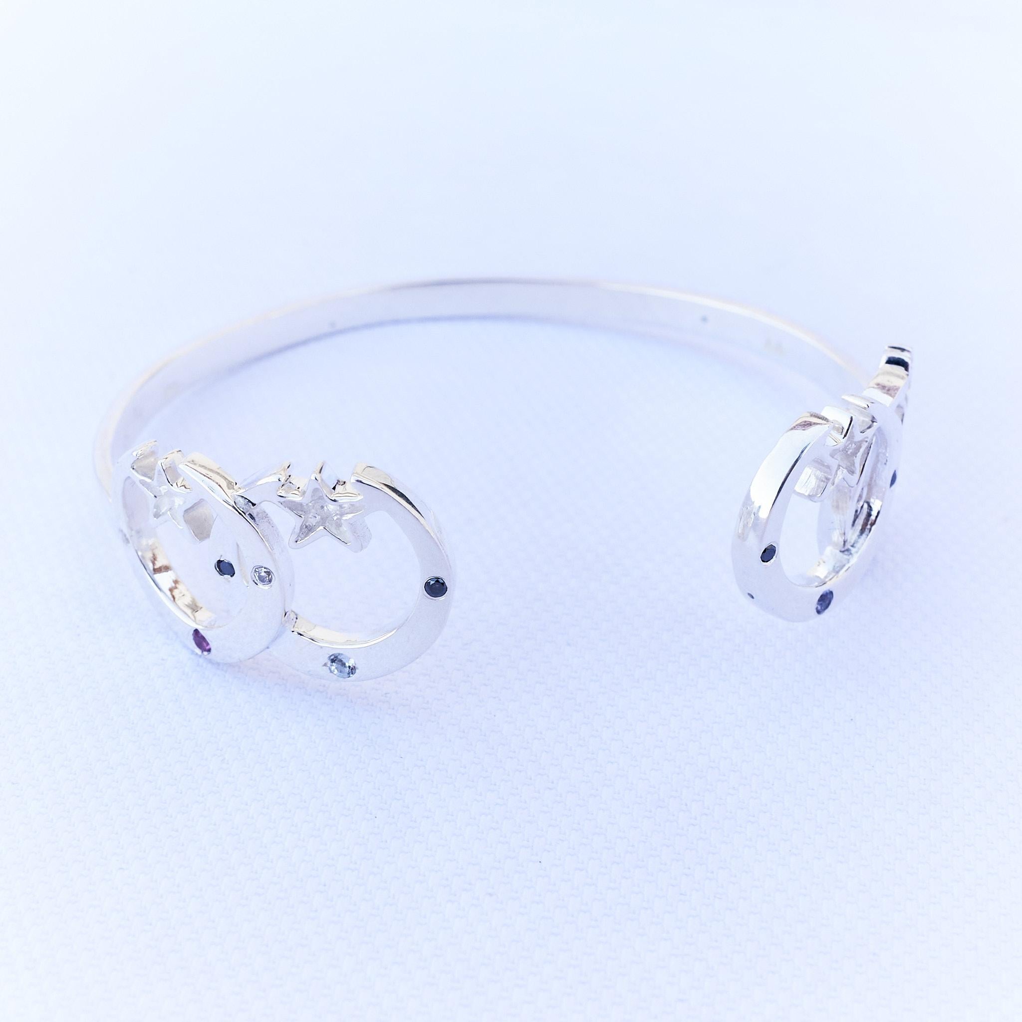 Black Diamond Toumaline Iolite Crescent Moon Bangle Bracelet Silver J Dauphin For Sale 5