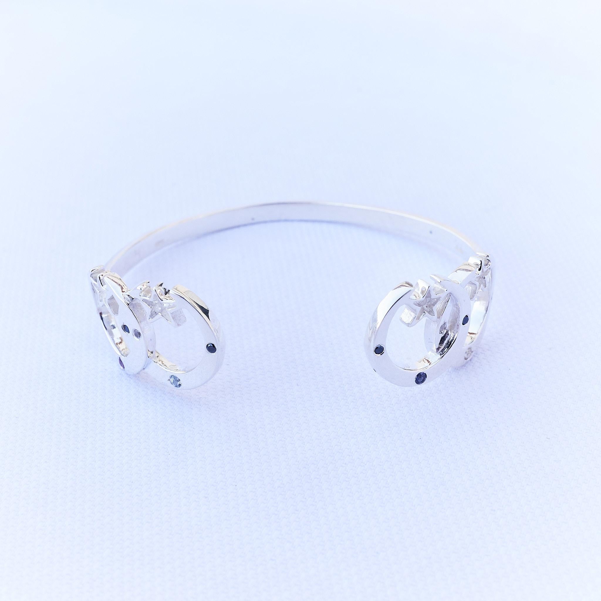 Black Diamond Toumaline Iolite Crescent Moon Bangle Bracelet Silver J Dauphin For Sale 6