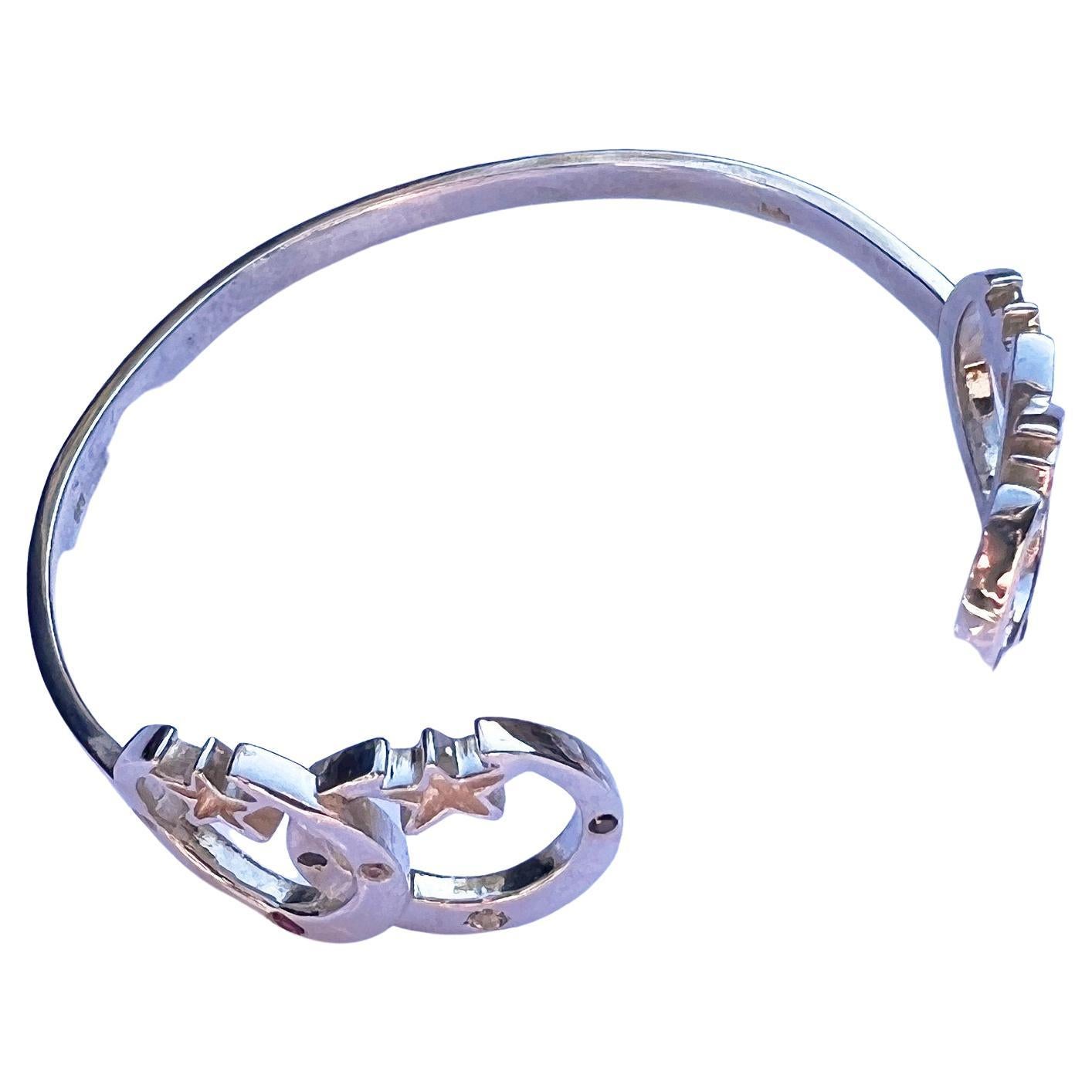 Contemporary Black Diamond Toumaline Iolite Crescent Moon Bangle Bracelet Silver J Dauphin For Sale