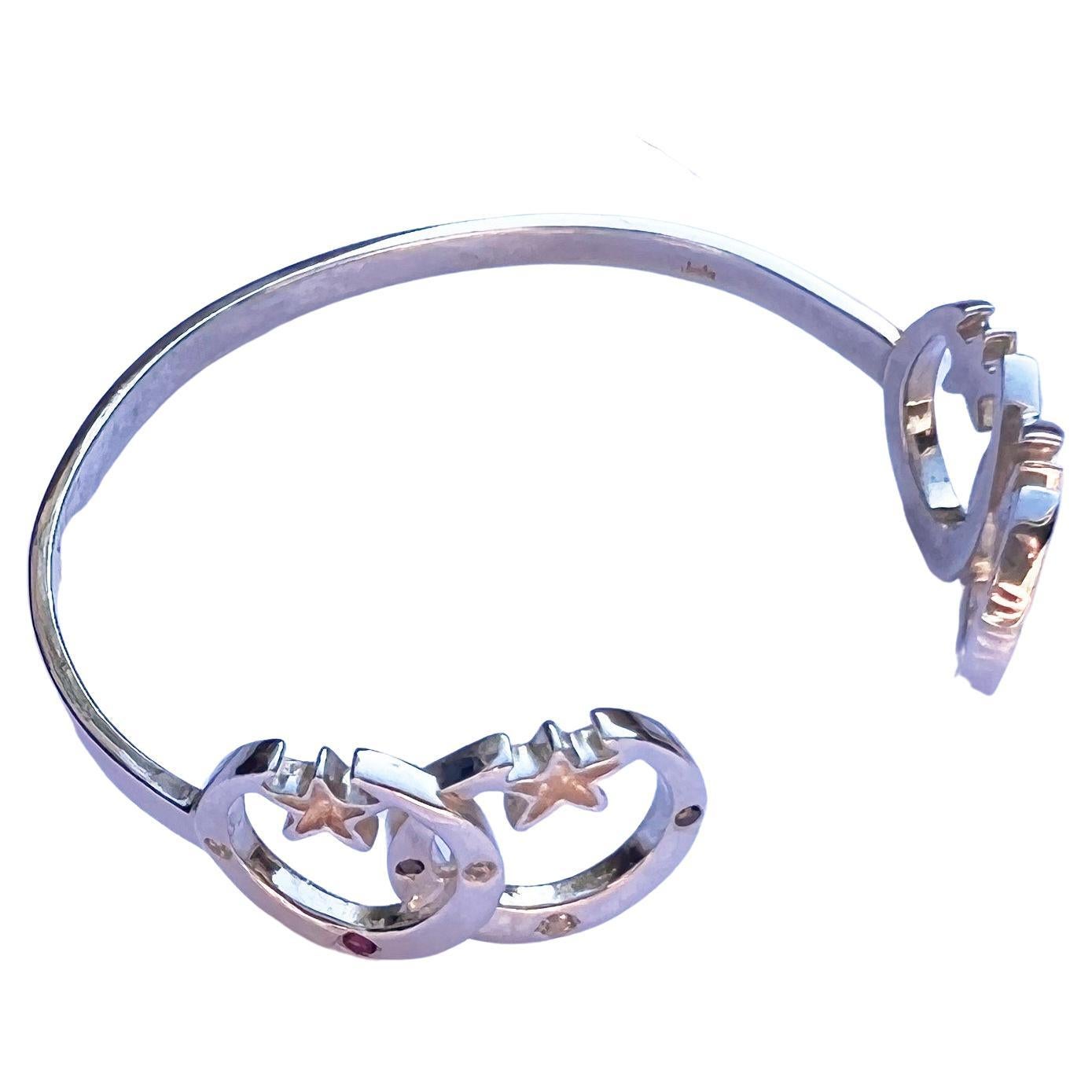 Black Diamond Toumaline Iolite Crescent Moon Bangle Bracelet Silver J Dauphin In New Condition For Sale In Los Angeles, CA
