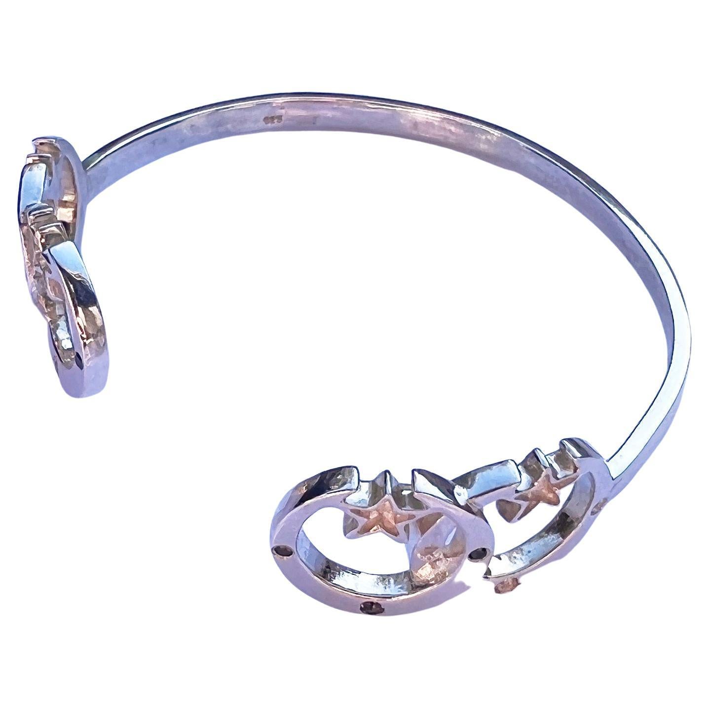 Women's Black Diamond Toumaline Iolite Crescent Moon Bangle Bracelet Silver J Dauphin For Sale