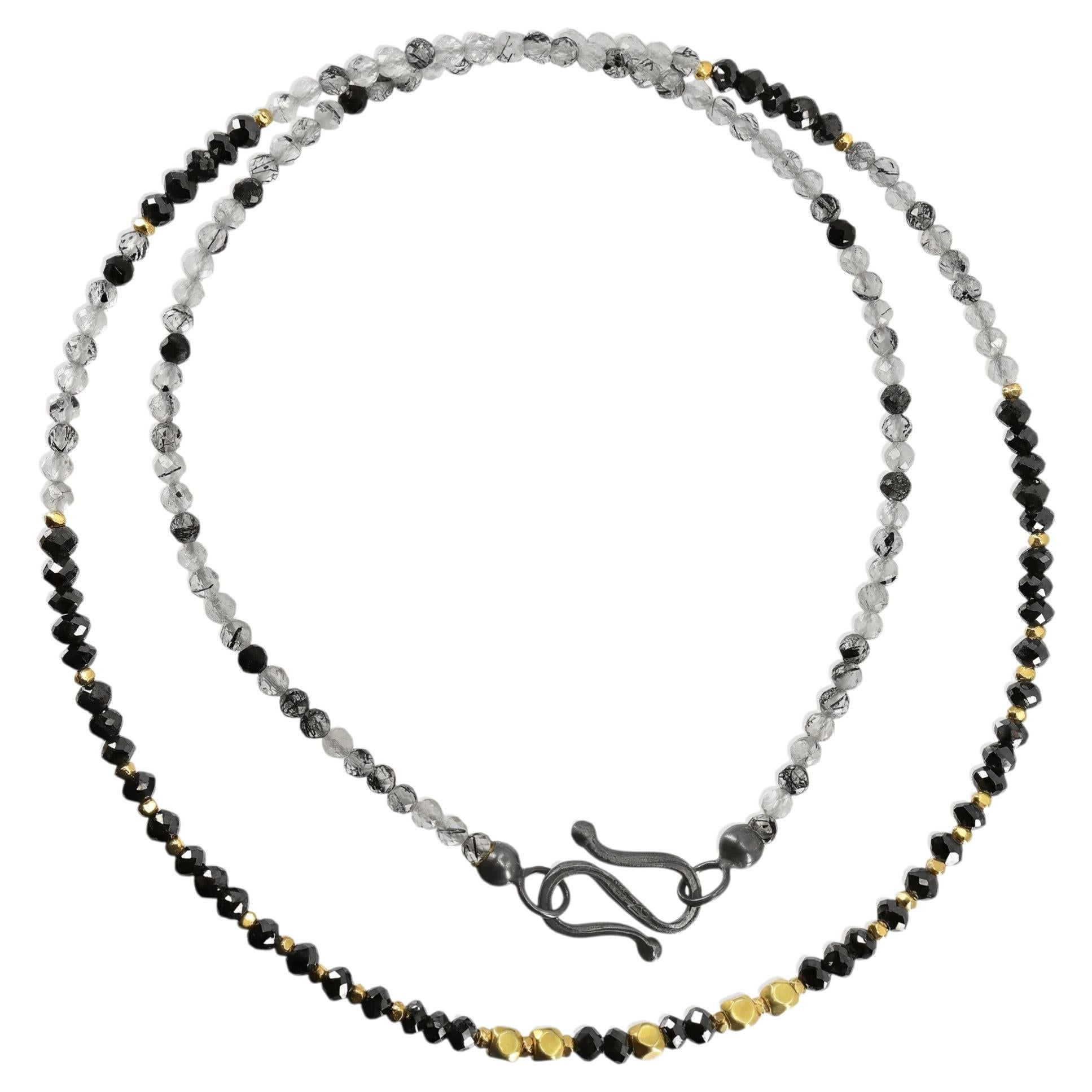 Black Diamond Tourmaline Quartz Gold Oxidized Silver Necklace, Atelier Zobel '25 For Sale