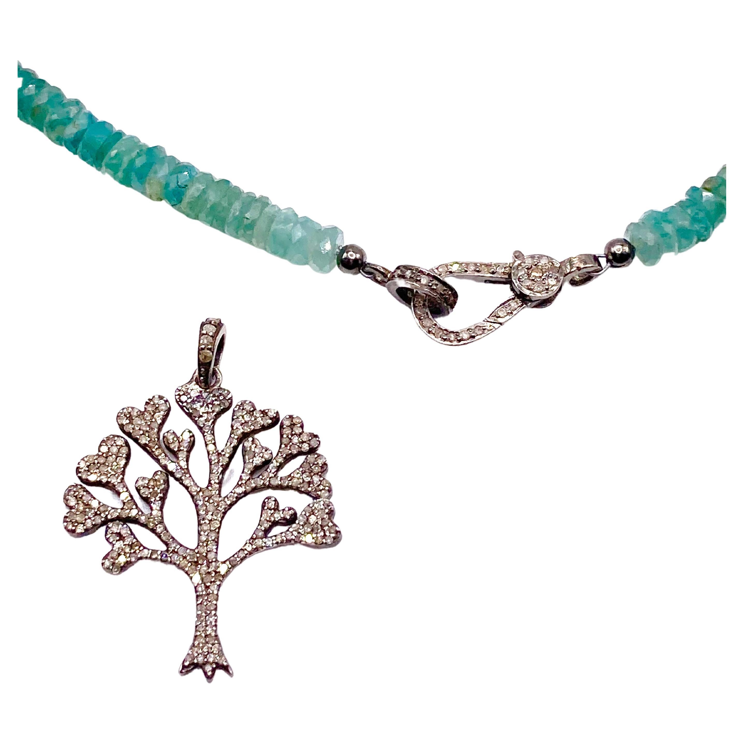 Black Diamond Tree of Life and Grandidierite Bead Pendant Necklace For Sale
