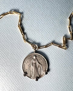 Necklace Catholic Virgin Mary Silver Black Diamond Medal & Gold Plated Chain
