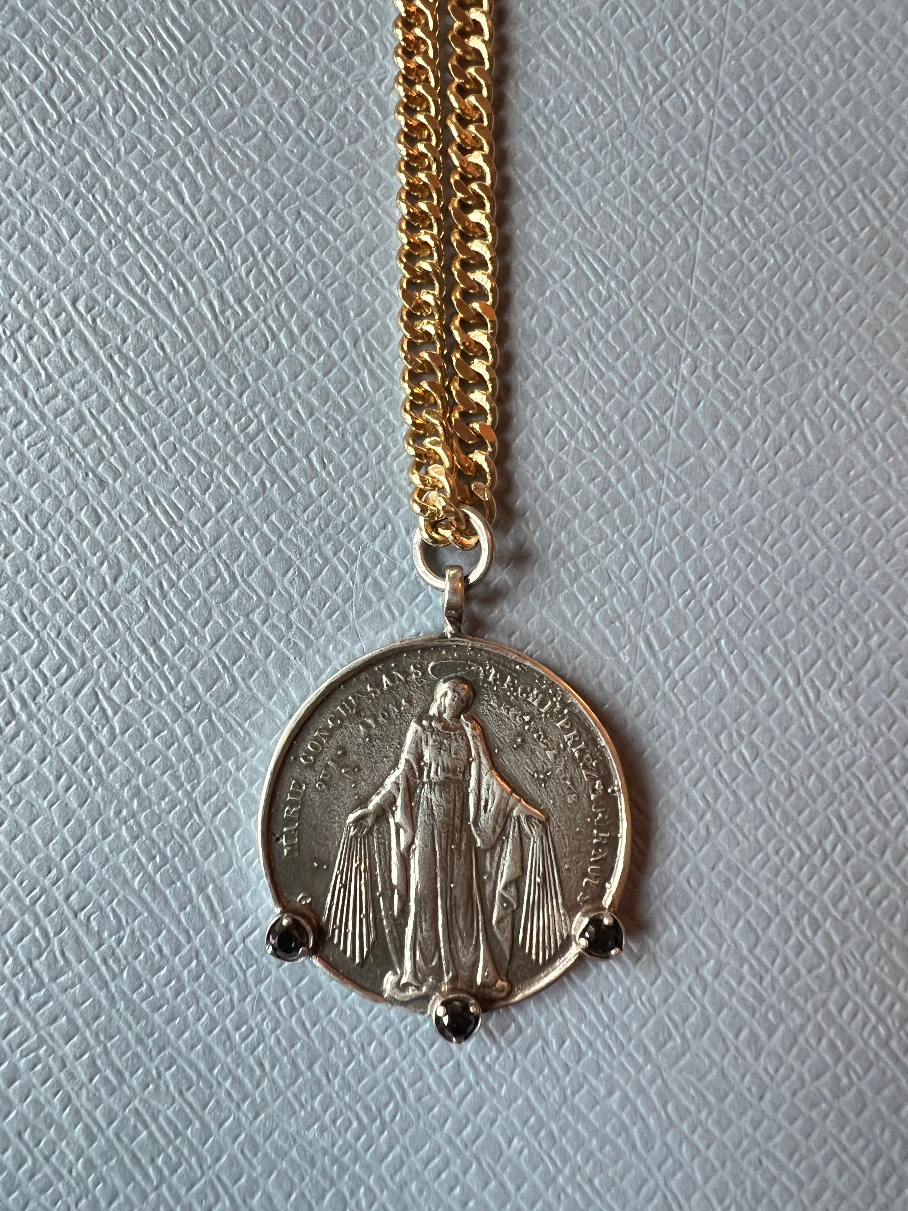 Victorian Black Diamond Virgin Mary Medal Chain Necklace Silver Gold Plate