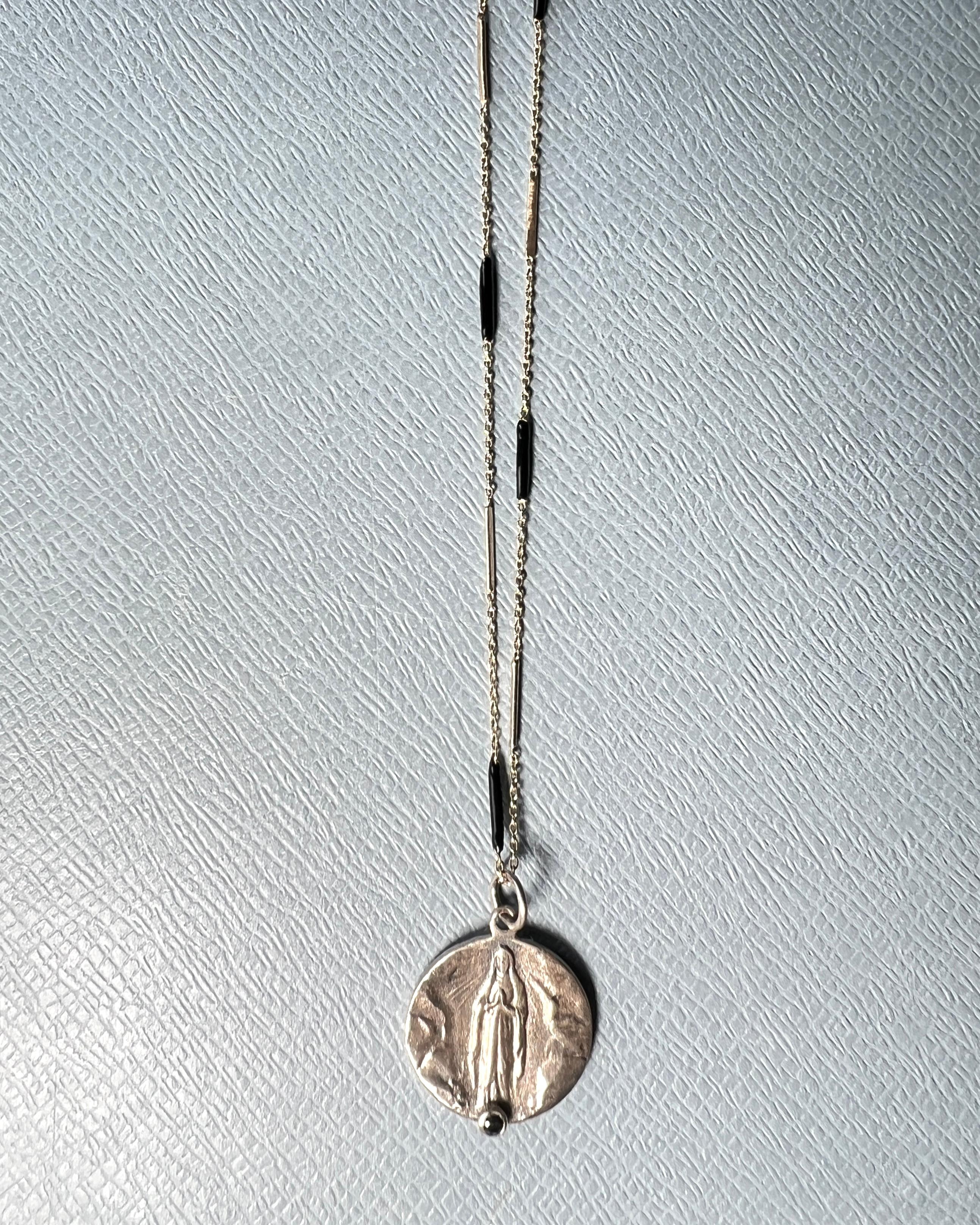 Contemporary Virgin Mary Medal Necklace Black Diamond Enamel Chain For Sale