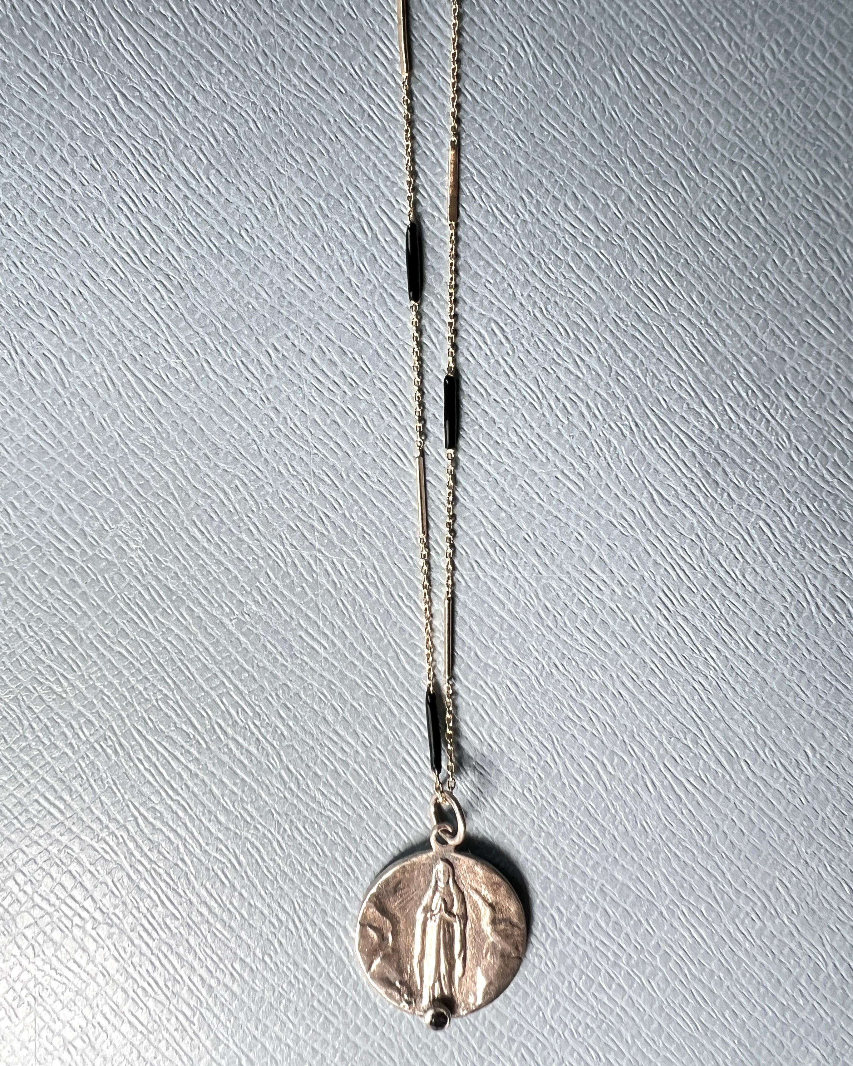 Brilliant Cut Virgin Mary Medal Necklace Black Diamond Enamel Chain For Sale