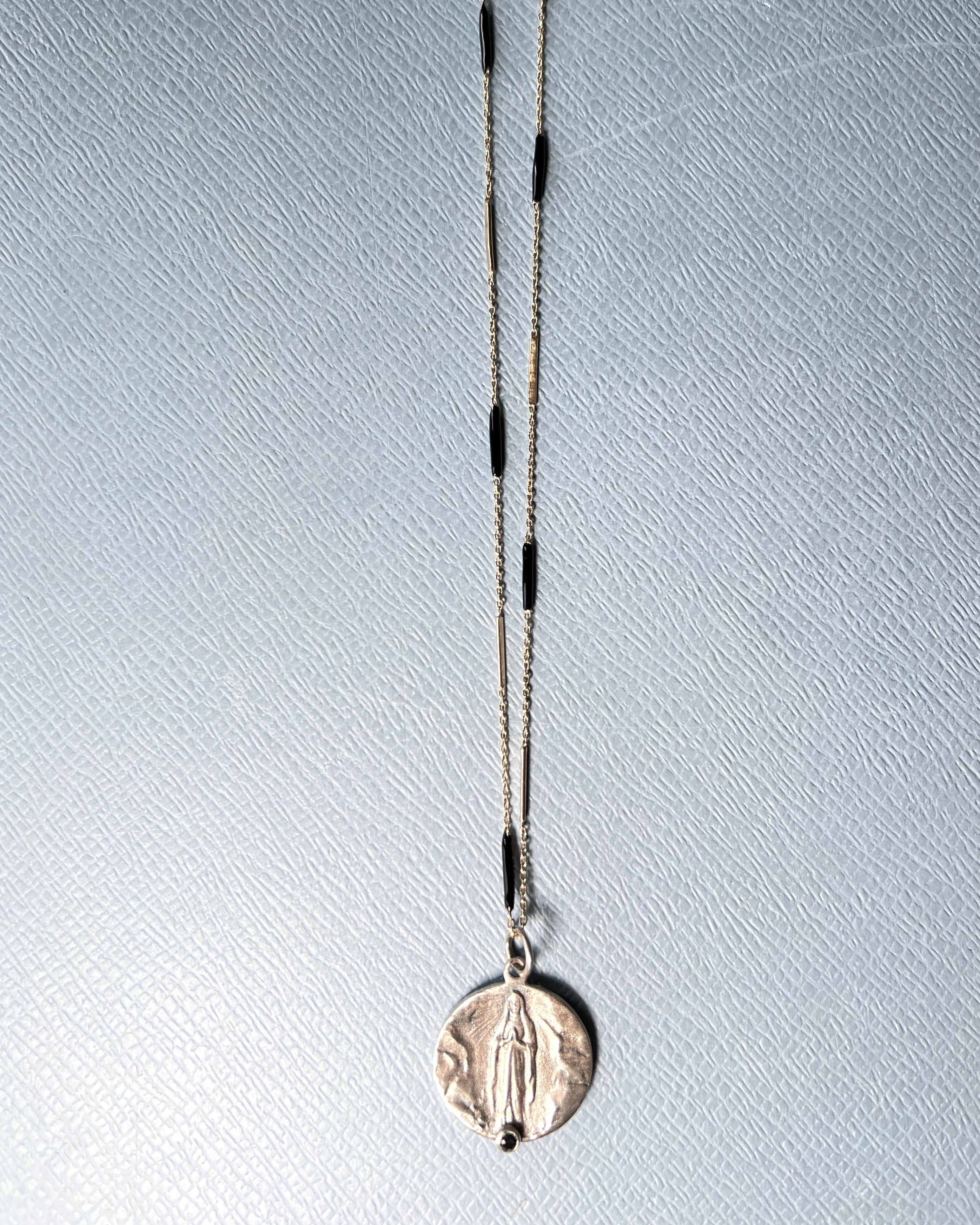 Virgin Mary Medal Necklace Black Diamond Enamel Chain In New Condition For Sale In Los Angeles, CA