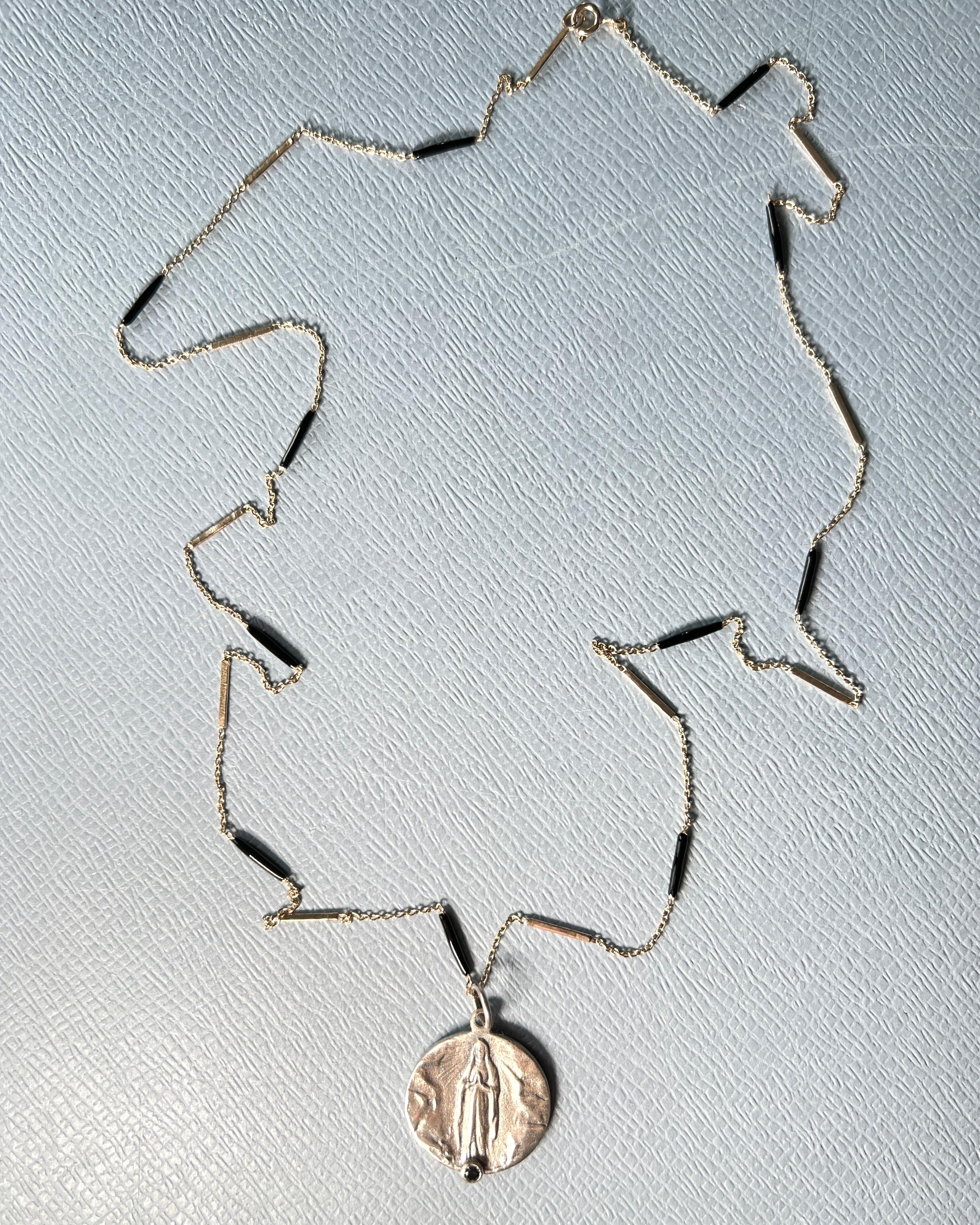 Women's or Men's Virgin Mary Medal Necklace Black Diamond Enamel Chain For Sale