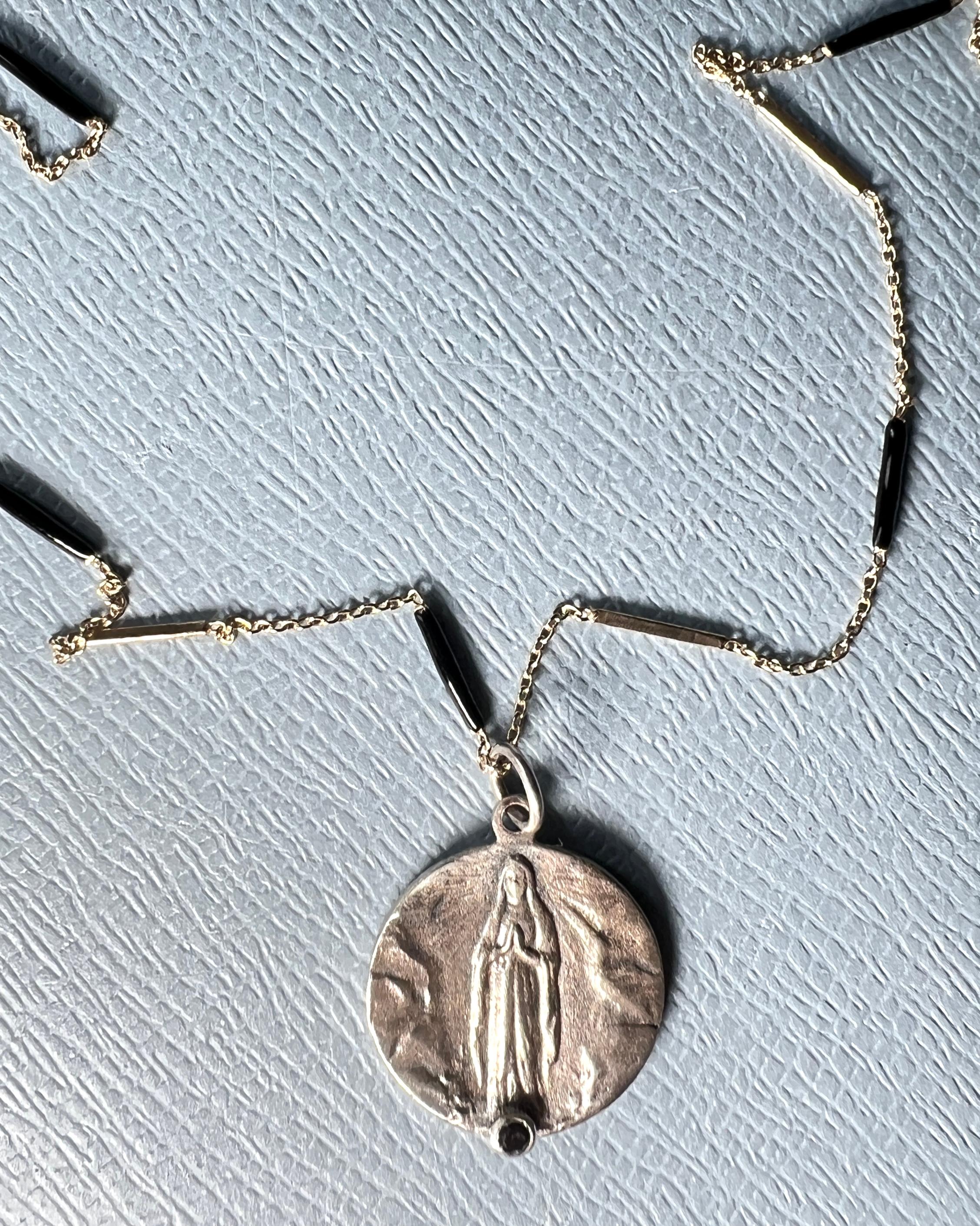 Virgin Mary Medal Necklace Black Diamond Enamel Chain For Sale 1
