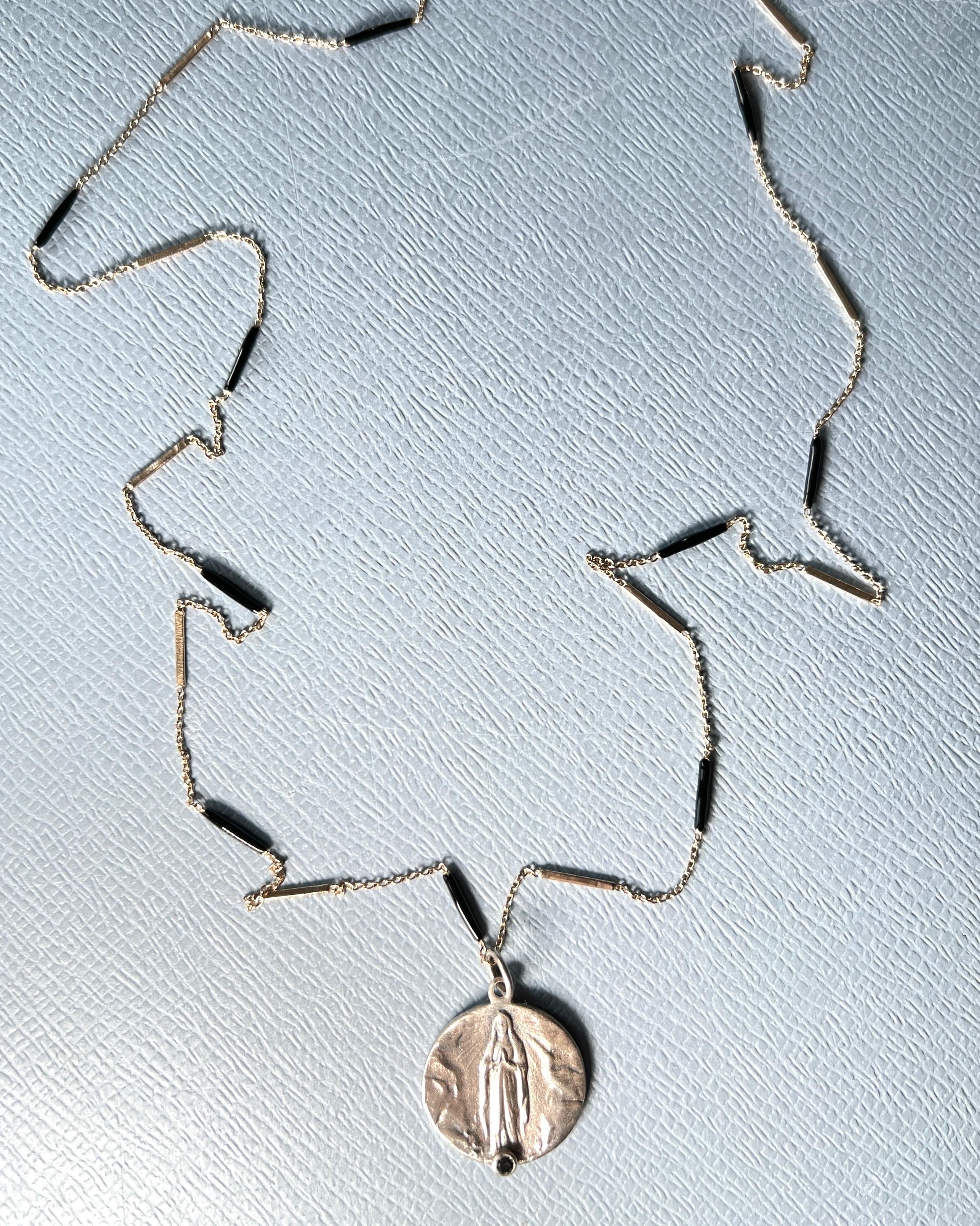 Virgin Mary Medal Necklace Black Diamond Enamel Chain For Sale 2