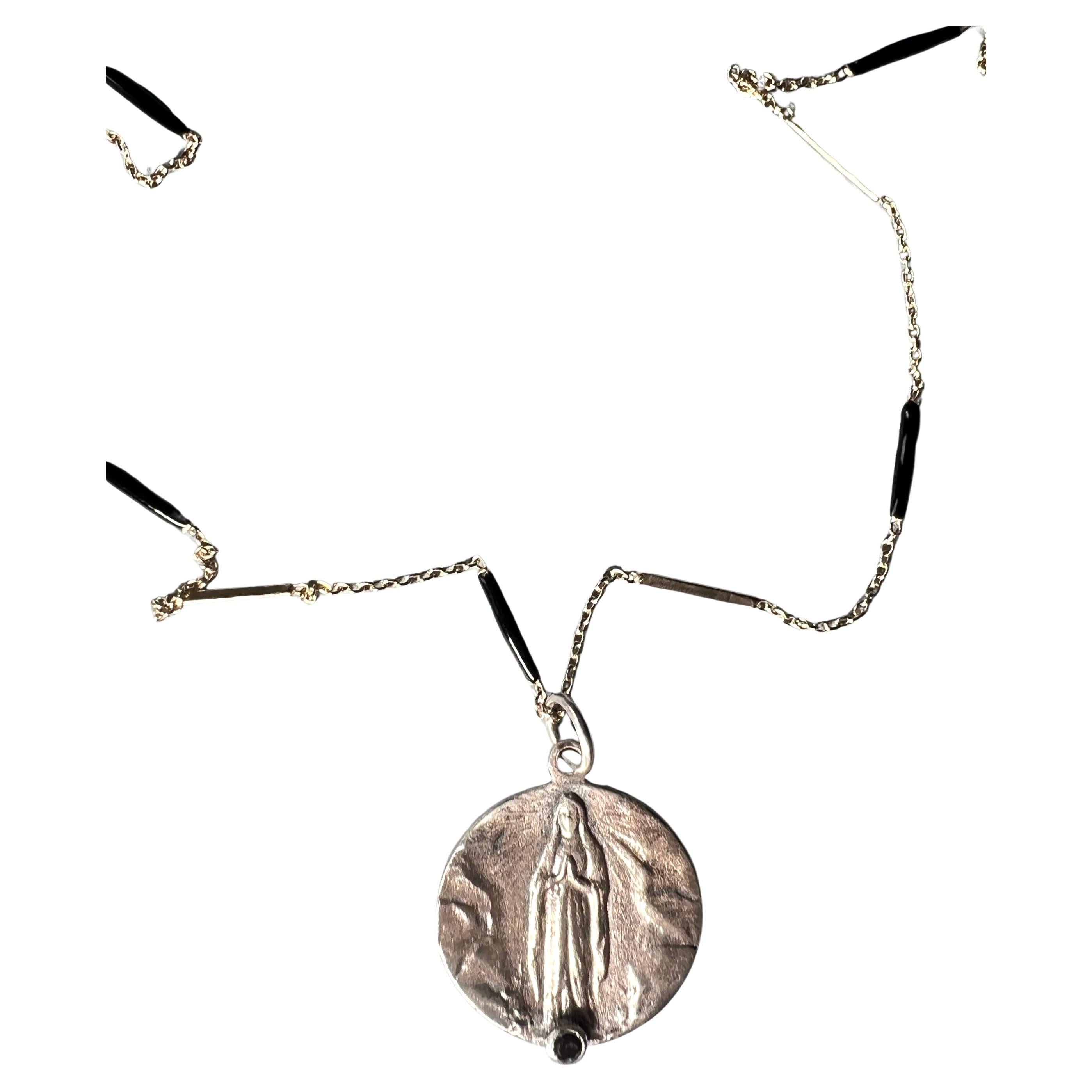 Virgin Mary Medal Necklace Black Diamond Enamel Chain