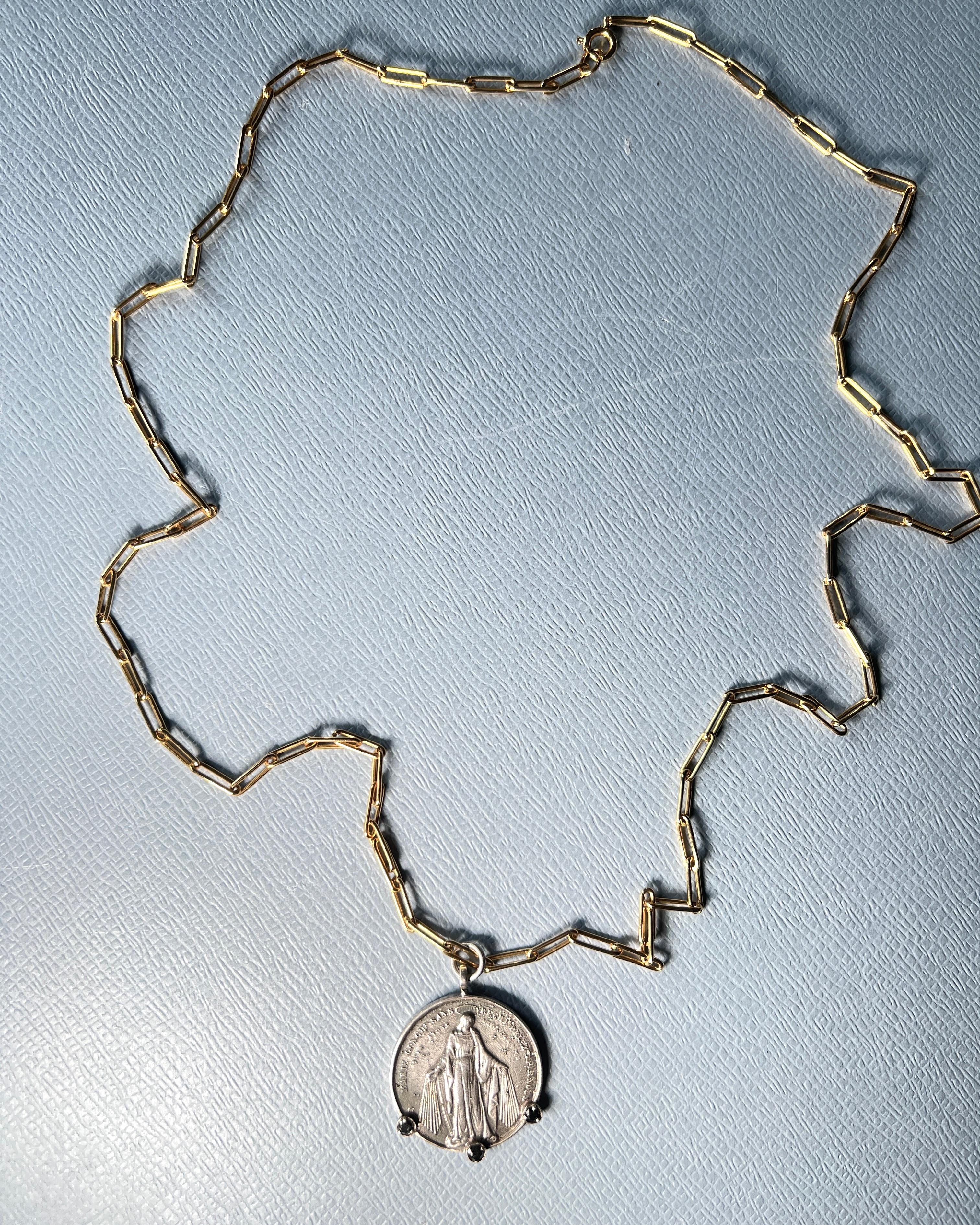 Victorian Black Diamond Virgin Mary Medal Necklace Gold Chain For Sale