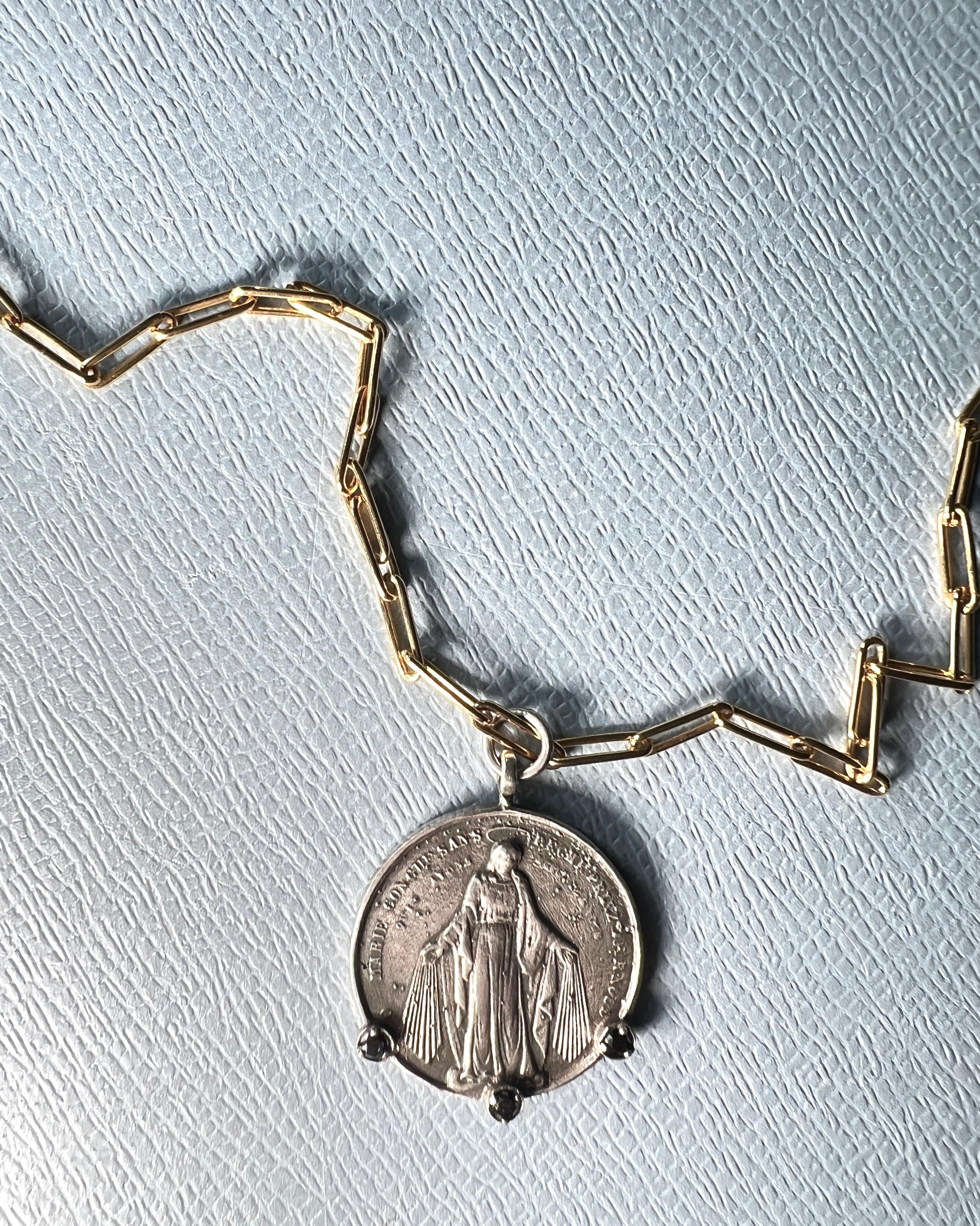 Brilliant Cut Black Diamond Virgin Mary Medal Necklace Gold Chain For Sale