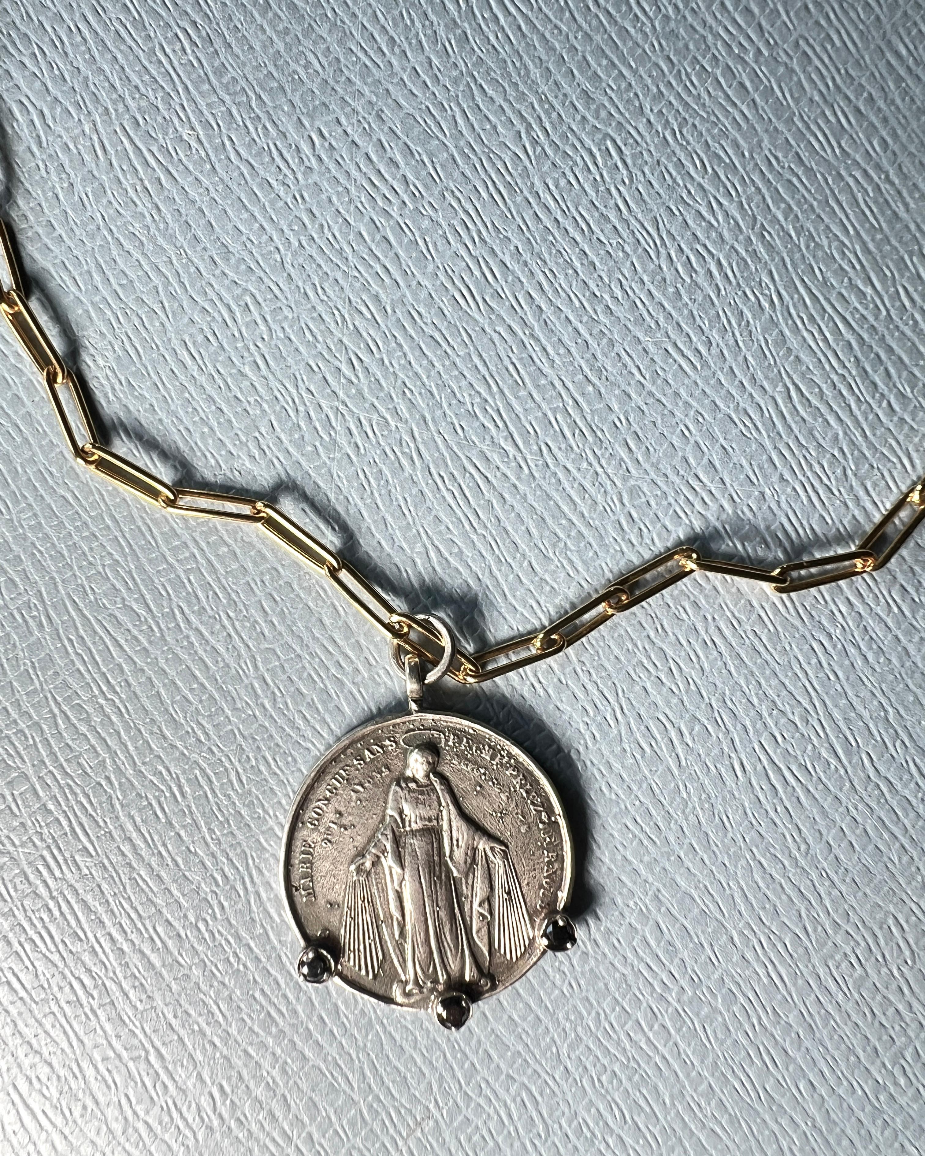 Women's Black Diamond Virgin Mary Medal Necklace Gold Chain For Sale