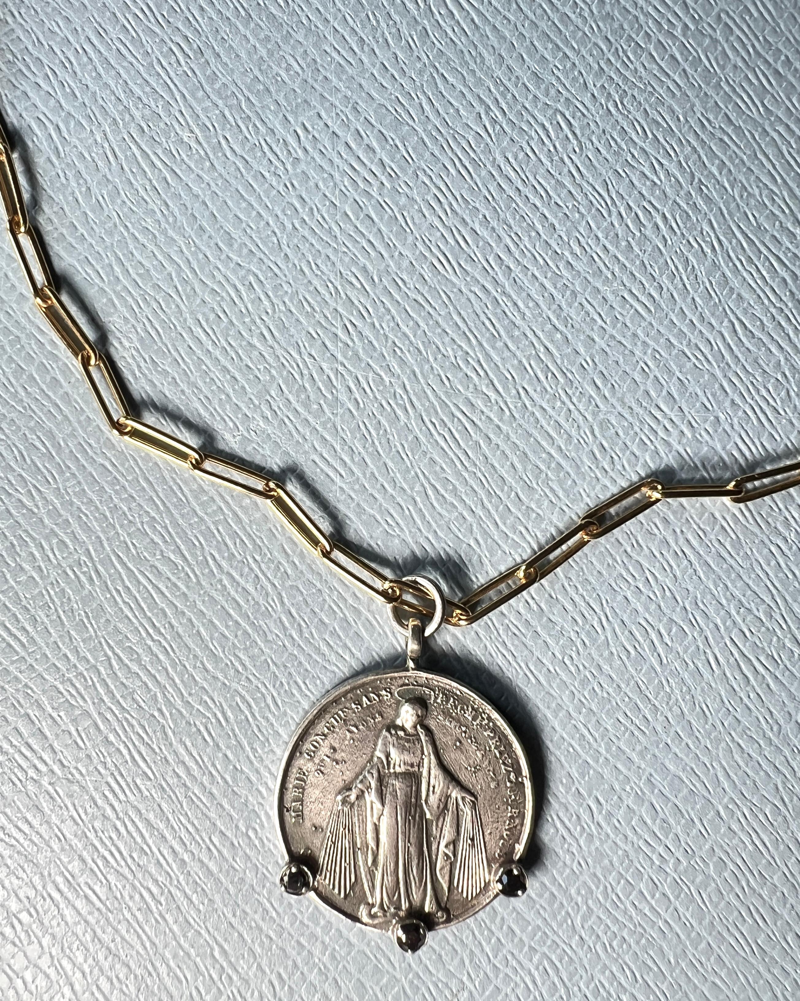 Black Diamond Virgin Mary Medal Necklace Gold Chain For Sale 1
