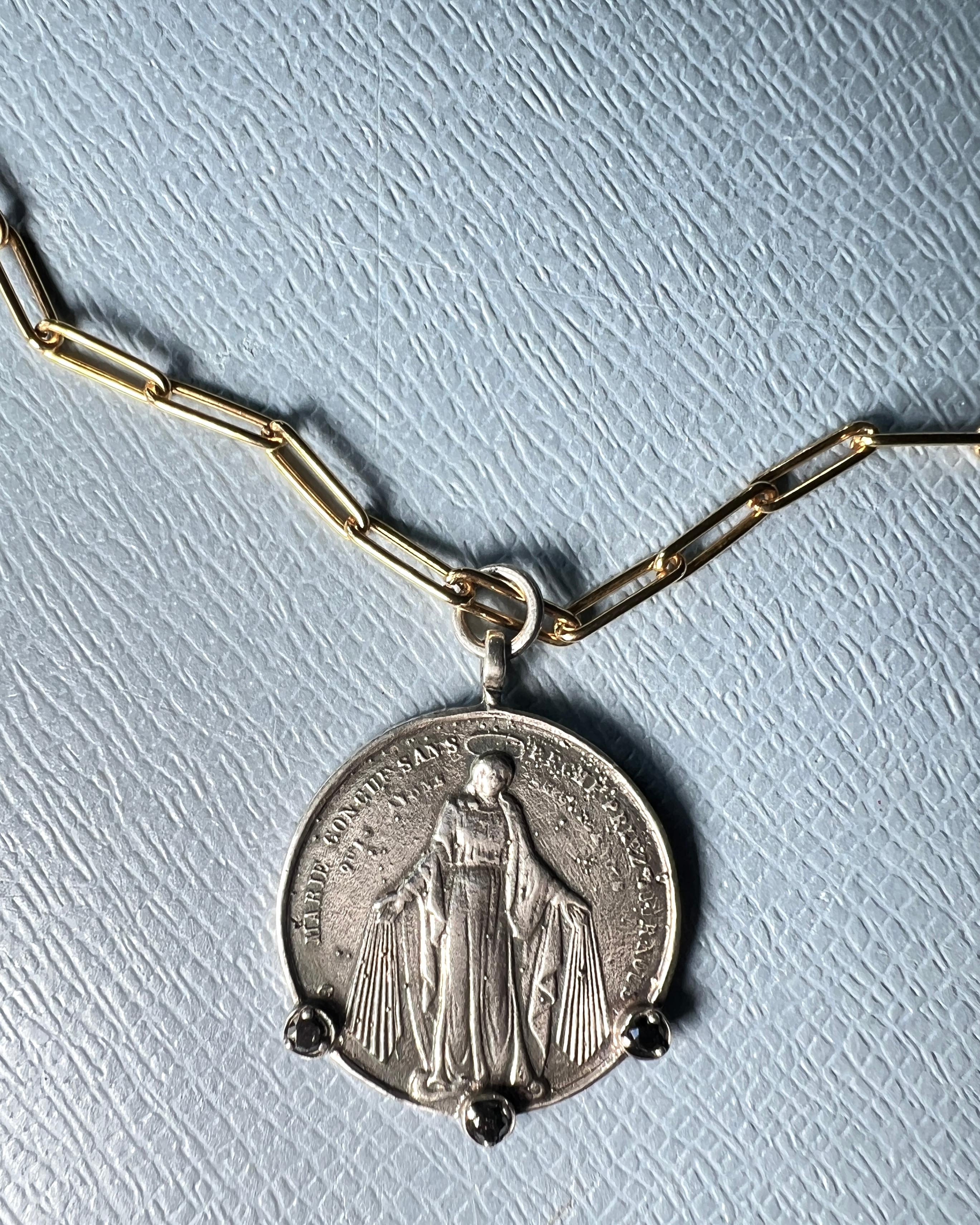 Black Diamond Virgin Mary Medal Necklace Gold Chain For Sale 2