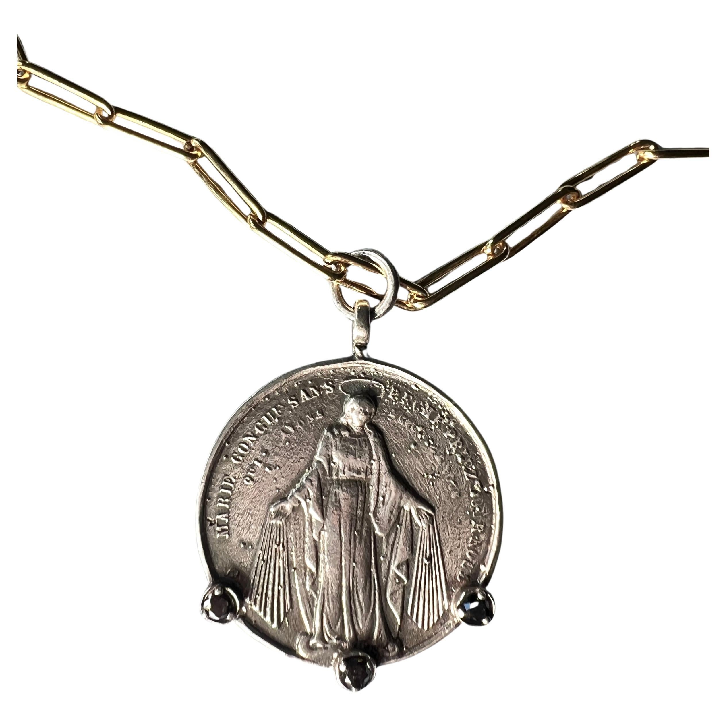 Black Diamond Virgin Mary Medal Necklace Gold Chain