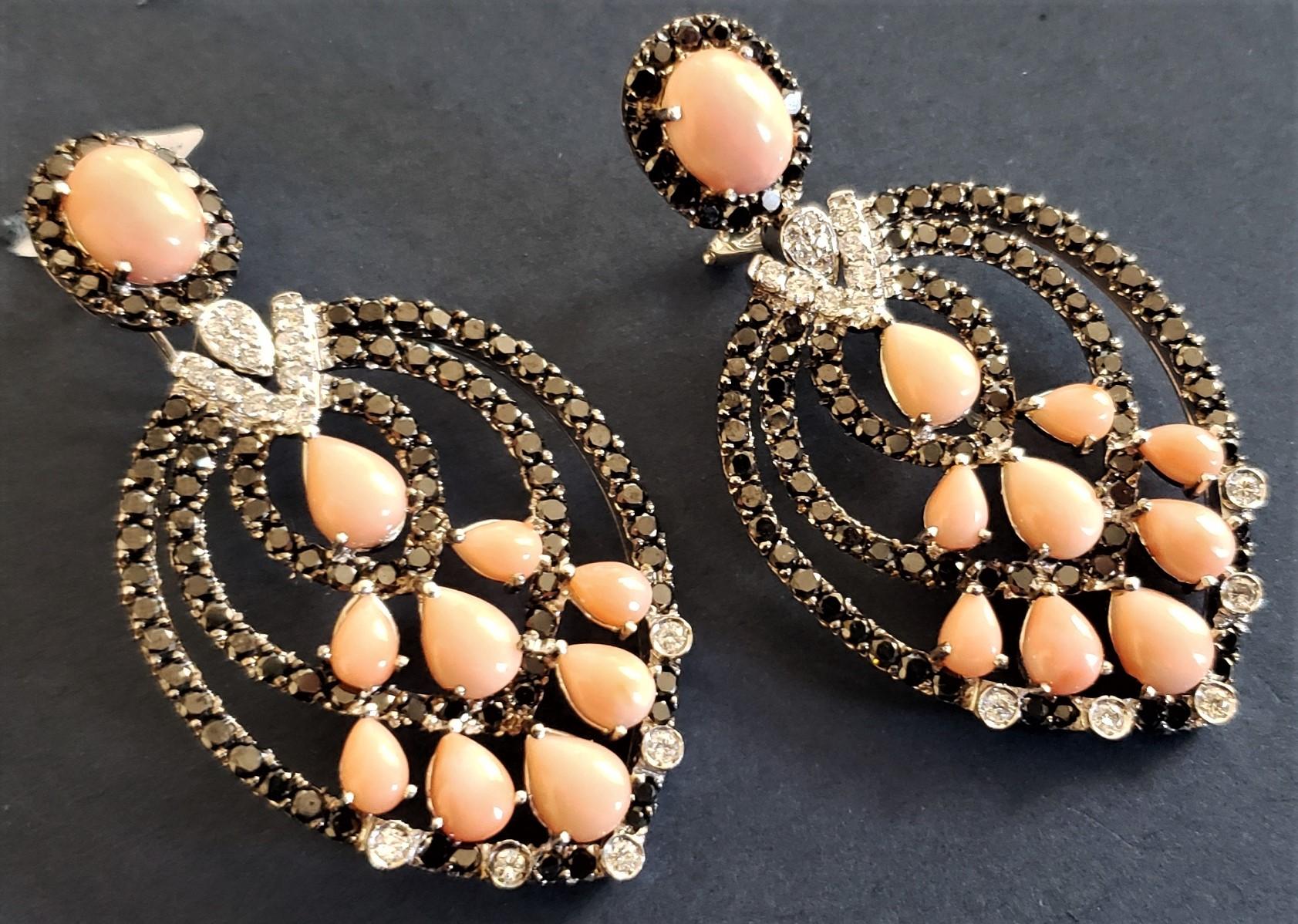 Black diamond, White diamond and Coral Chandelier earrings 14K 60MM For Sale 1