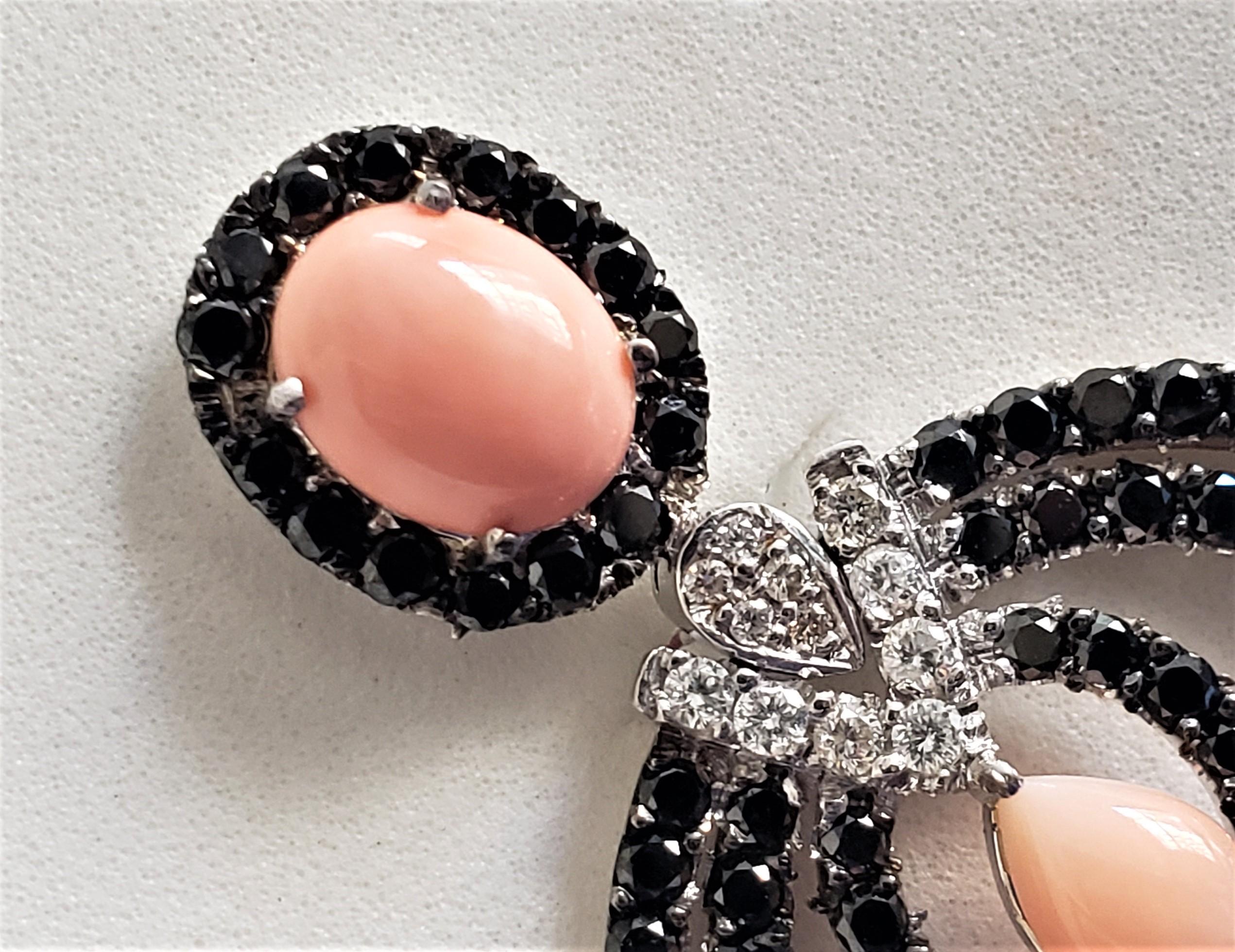 Black diamond, White diamond and Coral Chandelier earrings 14K 60MM For Sale 3
