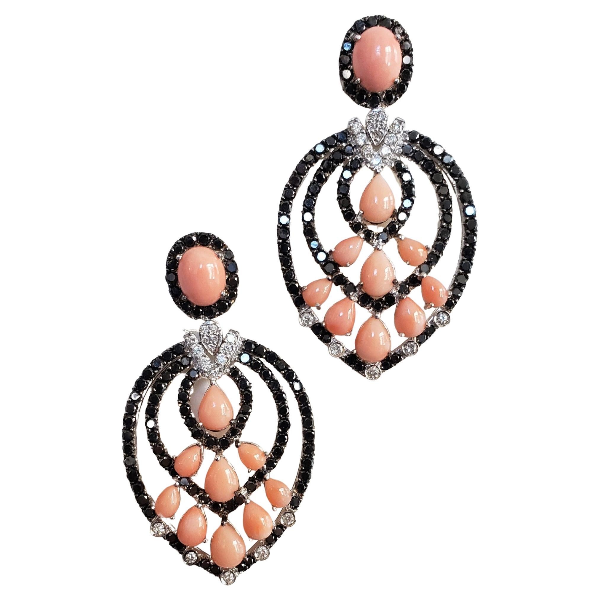 Black diamond, White diamond and Coral Chandelier earrings 14K 60MM For Sale