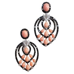 Kronleuchter-Ohrringe mit schwarzen Diamanten, weißen Diamanten und Korallen 14K 60MM