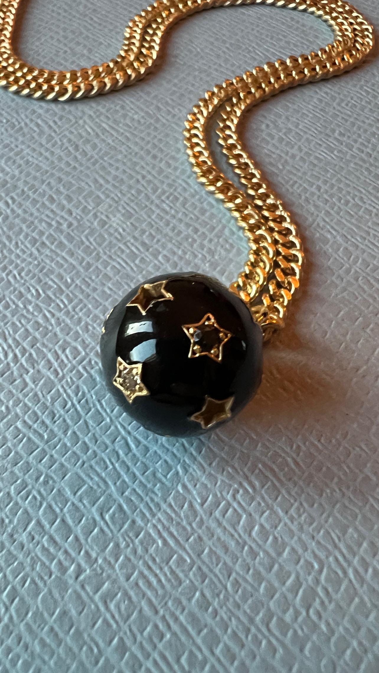Single Cut Black Diamond White Diamond Star Ball Necklace Victorian Style Black Enamel For Sale