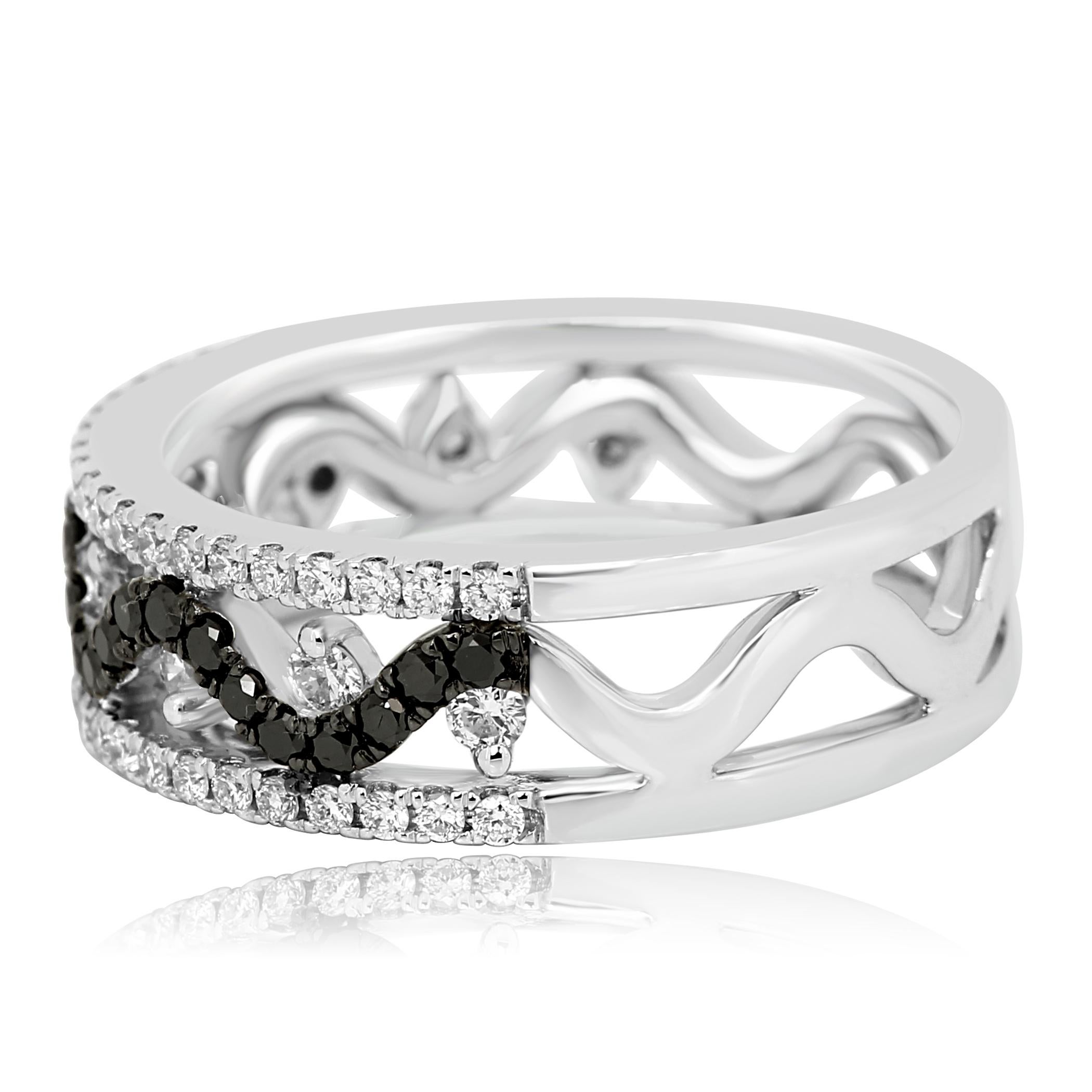 Round Cut Black Diamond White Diamond Three-Row Gold Fashion Cocktail Band Ring