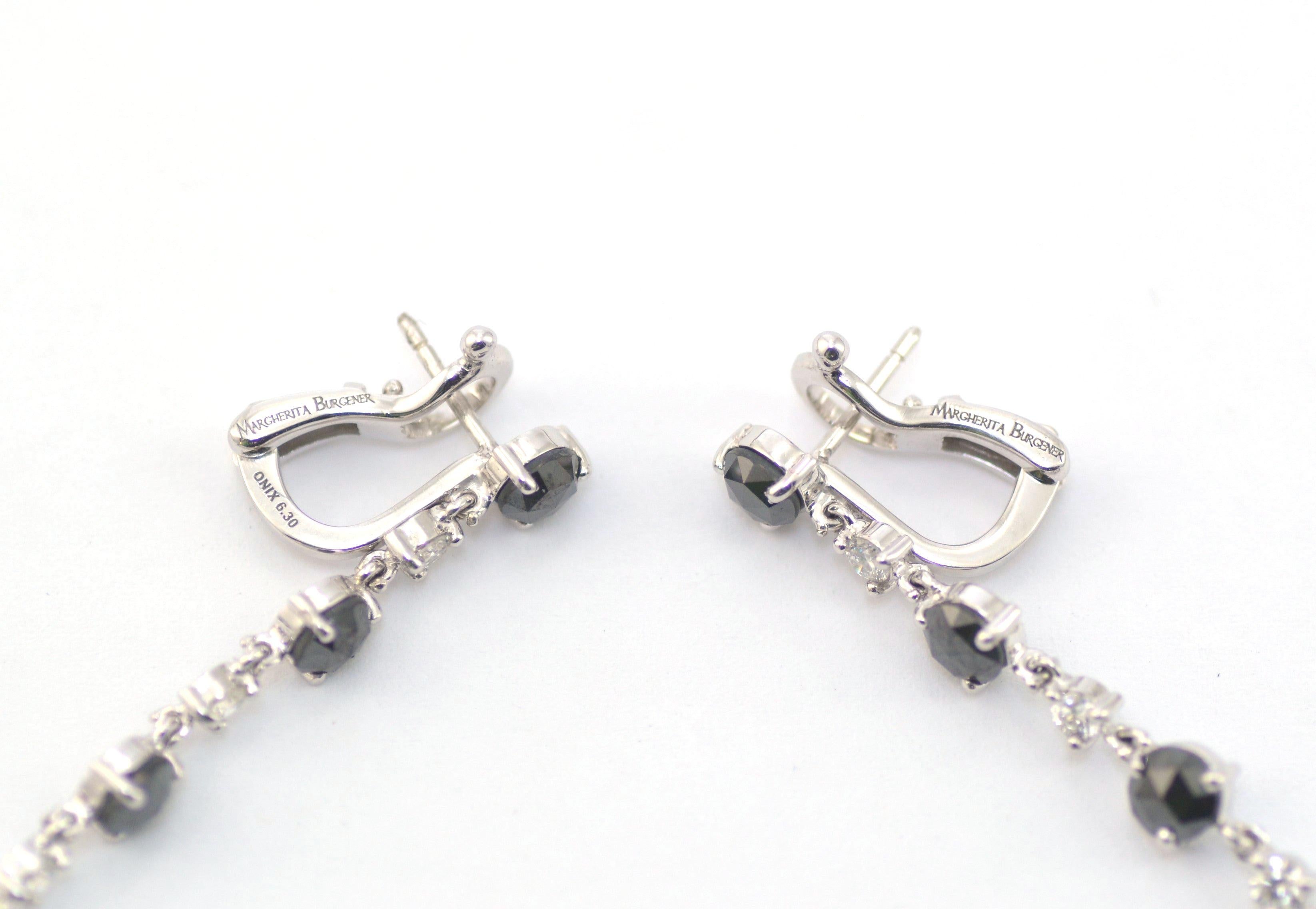 Women's Black Diamonds White Diamonds Onyx 18 KT White Gold Long Made in Italy Earrings