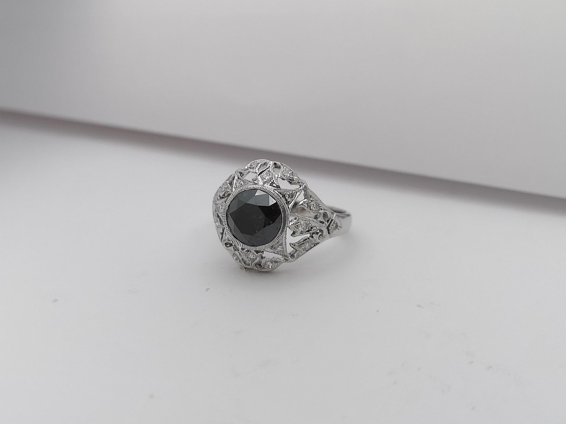 Women's or Men's Black Diamond with Diamond Ring Set in 18 Karat White Gold Settings For Sale
